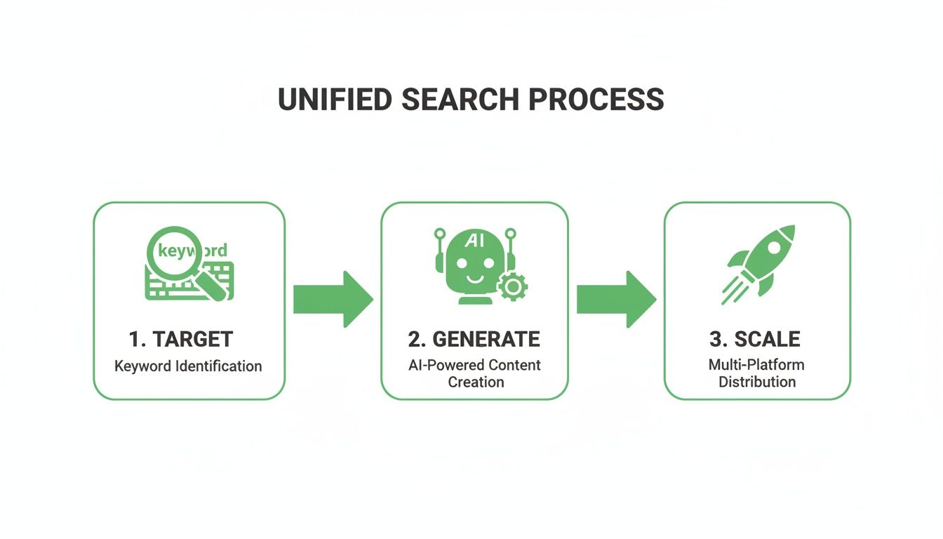 Une illustration du processus de recherche unifié : cibler les mots-clés, générer du contenu optimisé par l’IA, puis étendre la distribution.