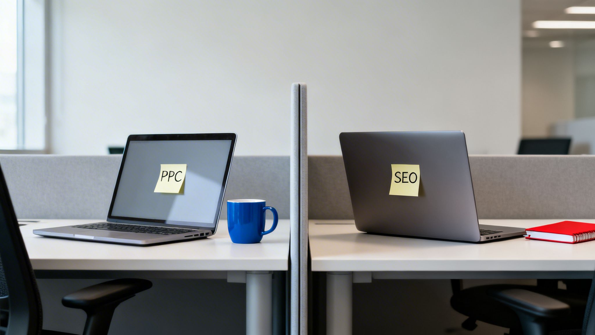 Deux bureaux avec des ordinateurs portables, l’un étiqueté PPC et l’autre SEO, séparés par une cloison.