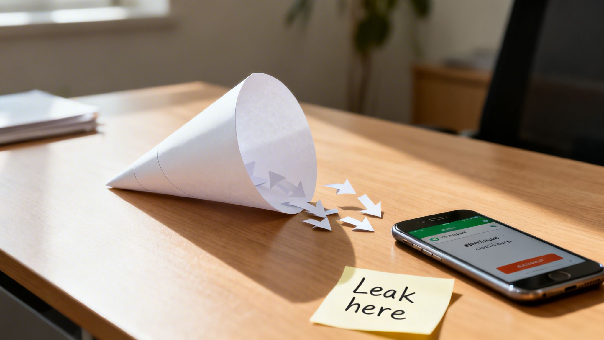 Ein Papierschälchen kippt weiße Pfeile auf einen Holztisch; daneben liegen ein Smartphone und eine Haftnotiz mit 'Hier tritt Leck auf'.