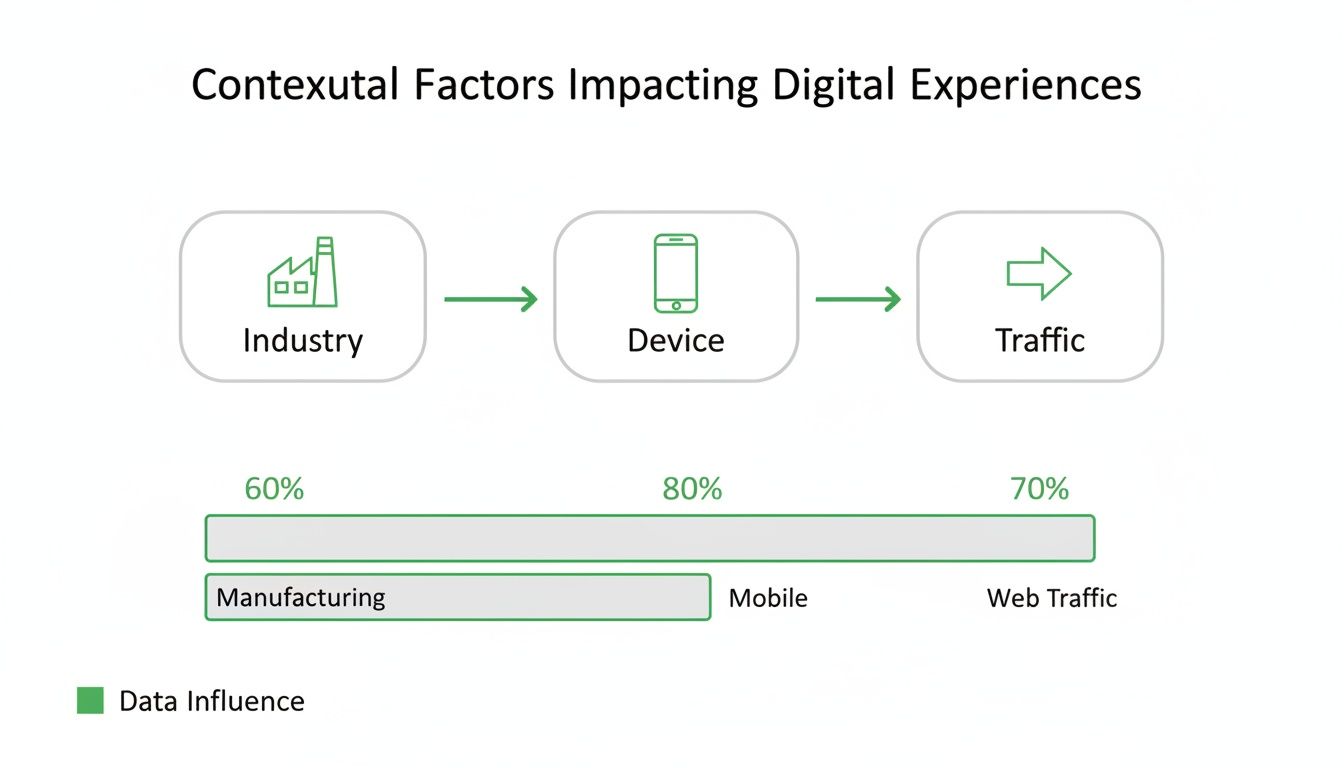 Diagramm mit kontextbezogenen Faktoren, die digitale Experiences beeinflussen: Branche, Device und Traffic mit prozentualer Datenwirkung.