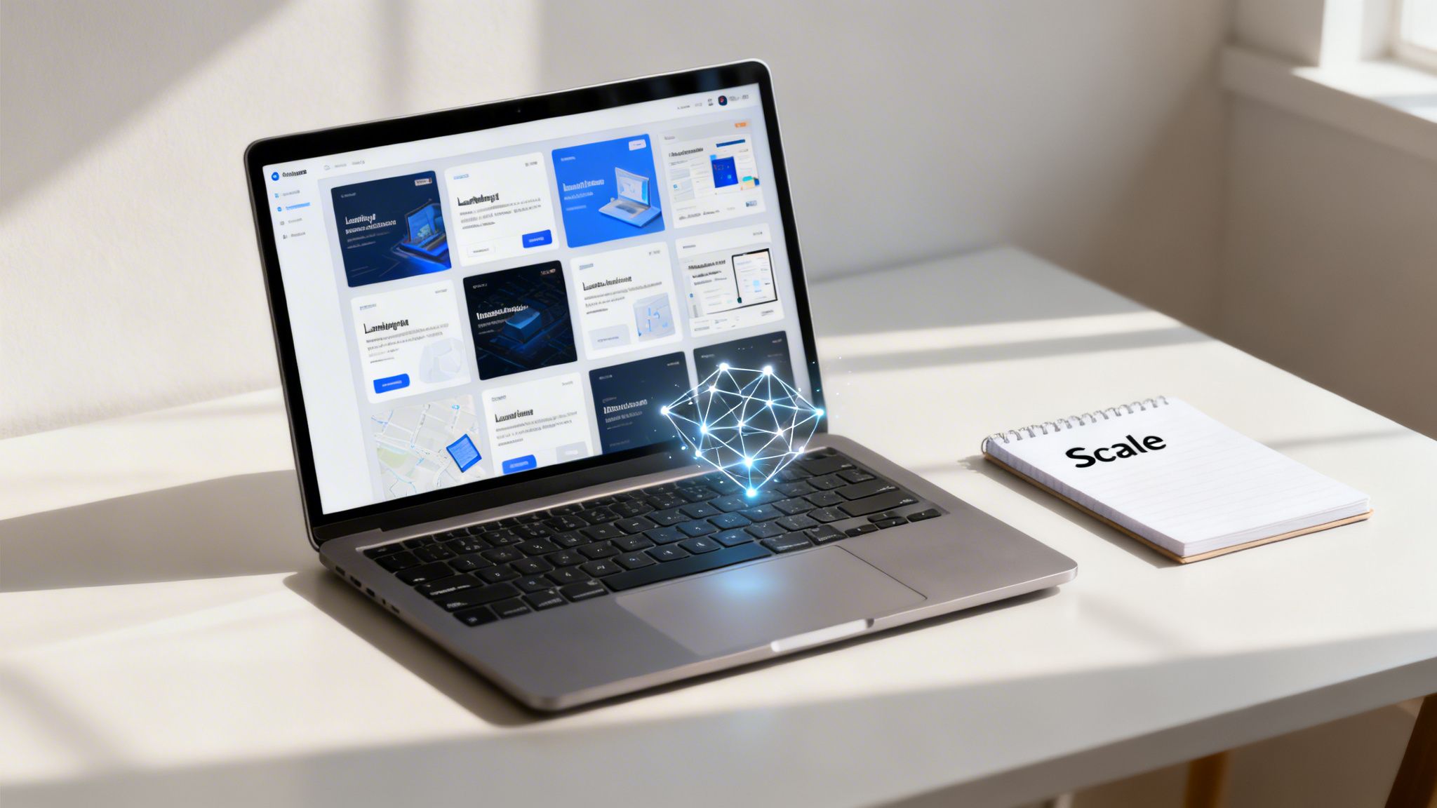 Ein Laptop zeigt ein Dashboard mit einem leuchtenden AI-Symbol; daneben liegt ein Notizbuch mit der Aufschrift 'Scale'.