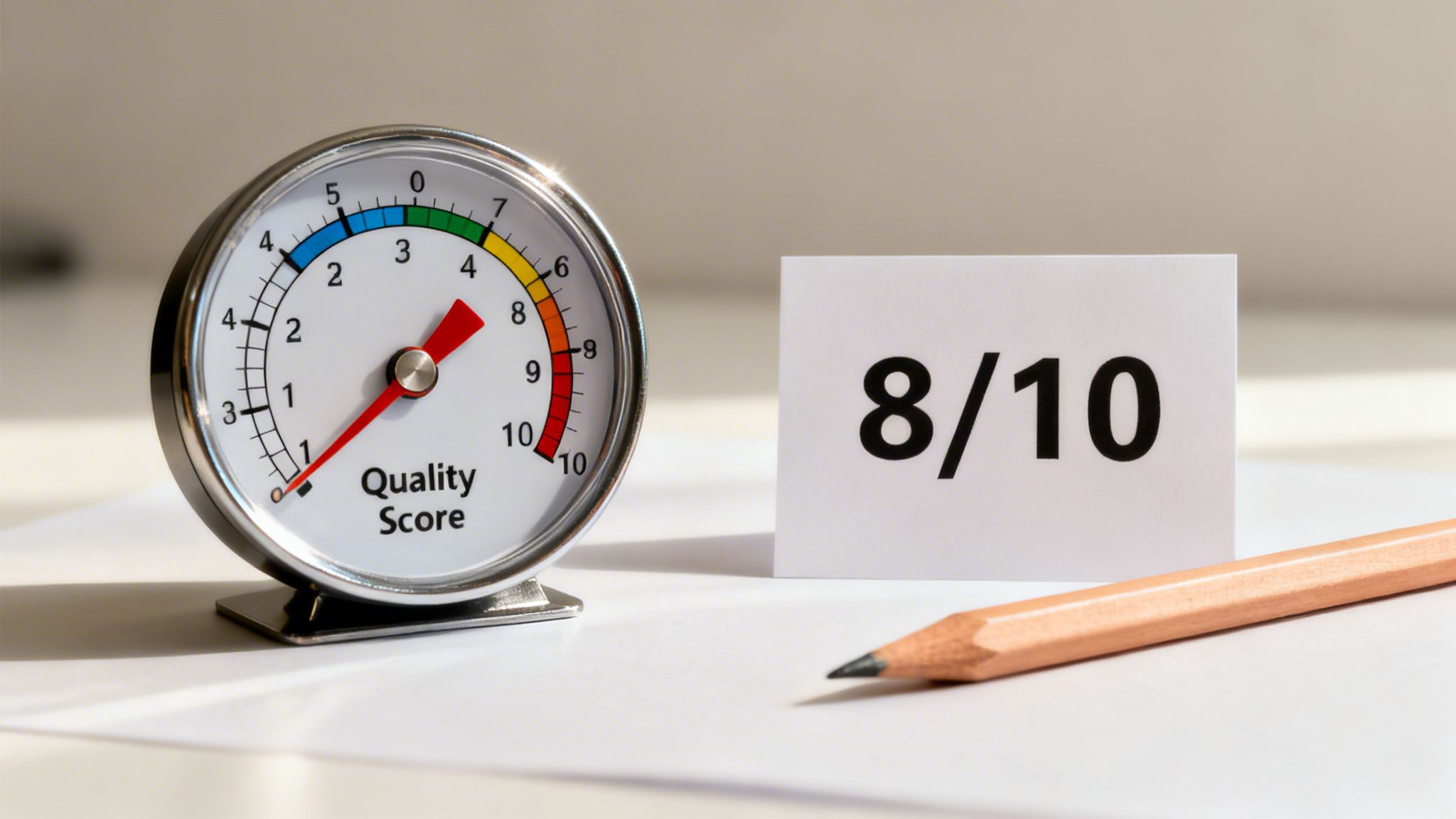 jauge de Quality Score affichant 8, avec une carte indiquant « 8/10 » et un crayon en bois.