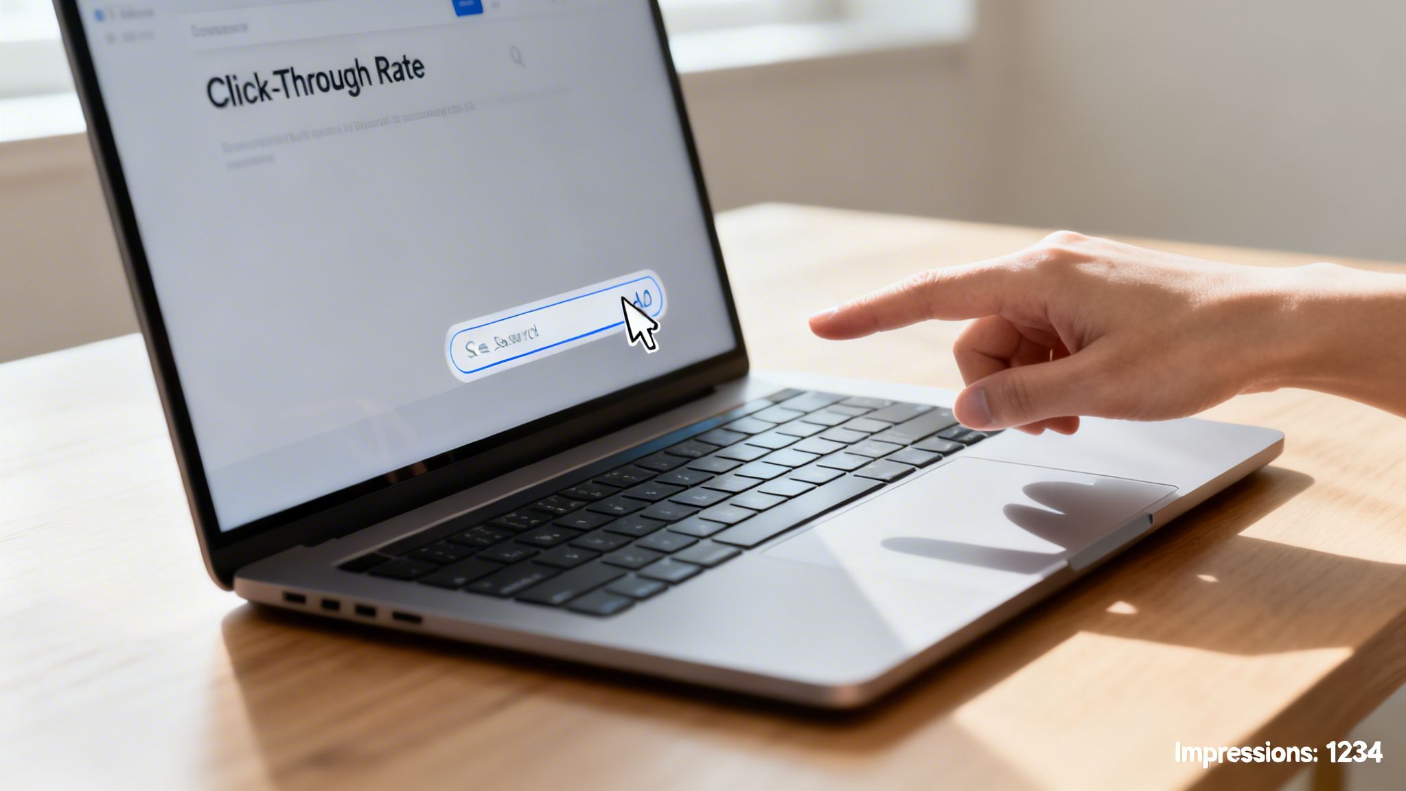 Une main pointe vers un écran d’ordinateur affichant « Click-Through Rate » et une barre de recherche pour des rapports marketing.