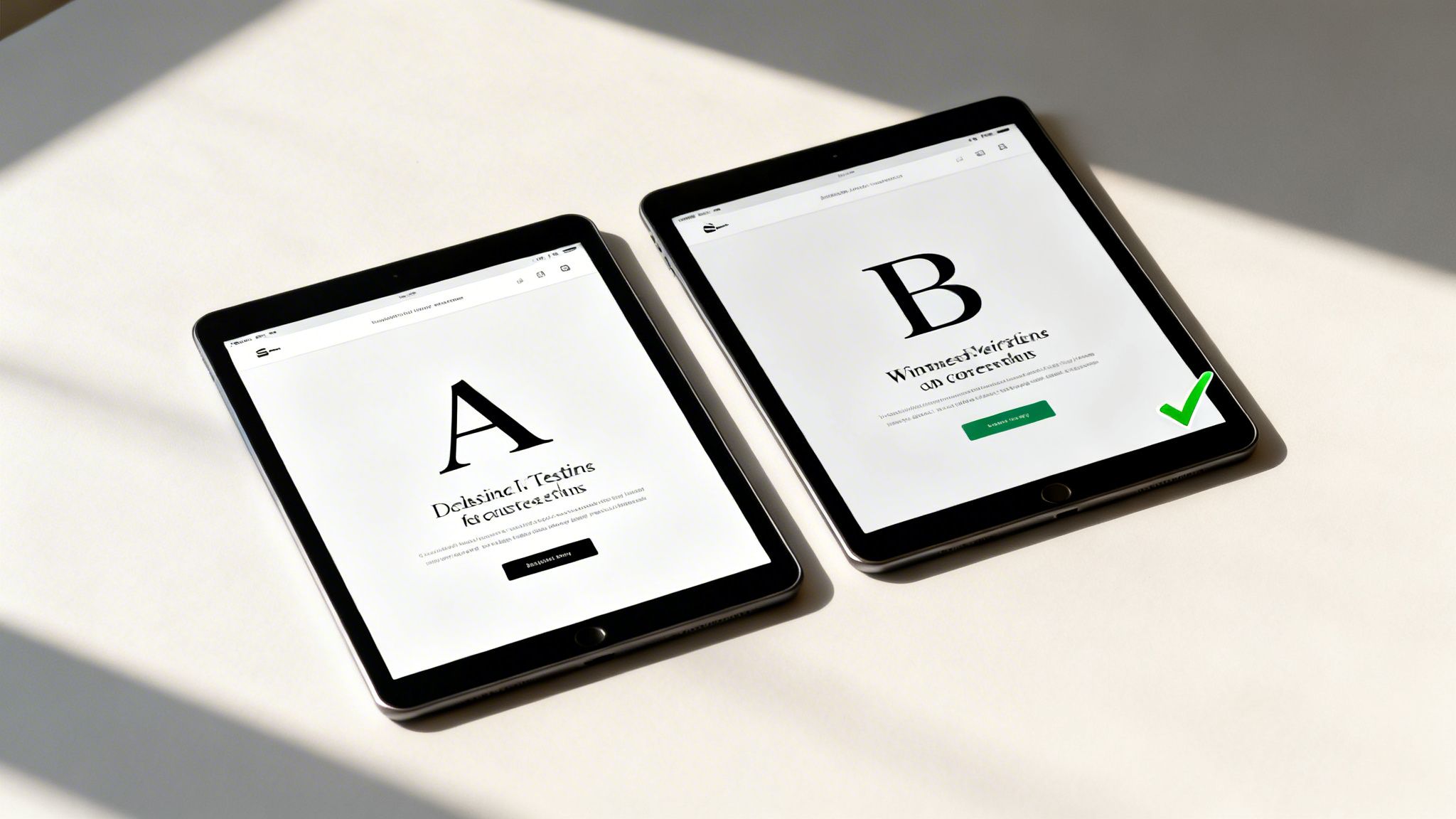 Deux tablettes affichant un test A/B de site web, avec l’option B sélectionnée comme variante gagnante.