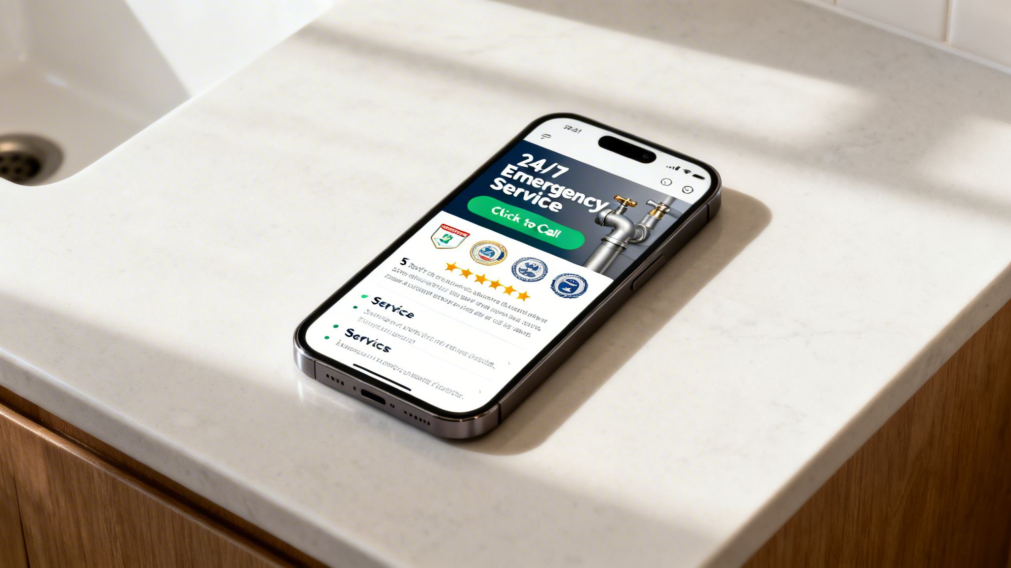 Un iPhone affiche une application de service d’urgence de plomberie avec assistance 24/7 et des avis 5 étoiles sur un plan de travail de cuisine.