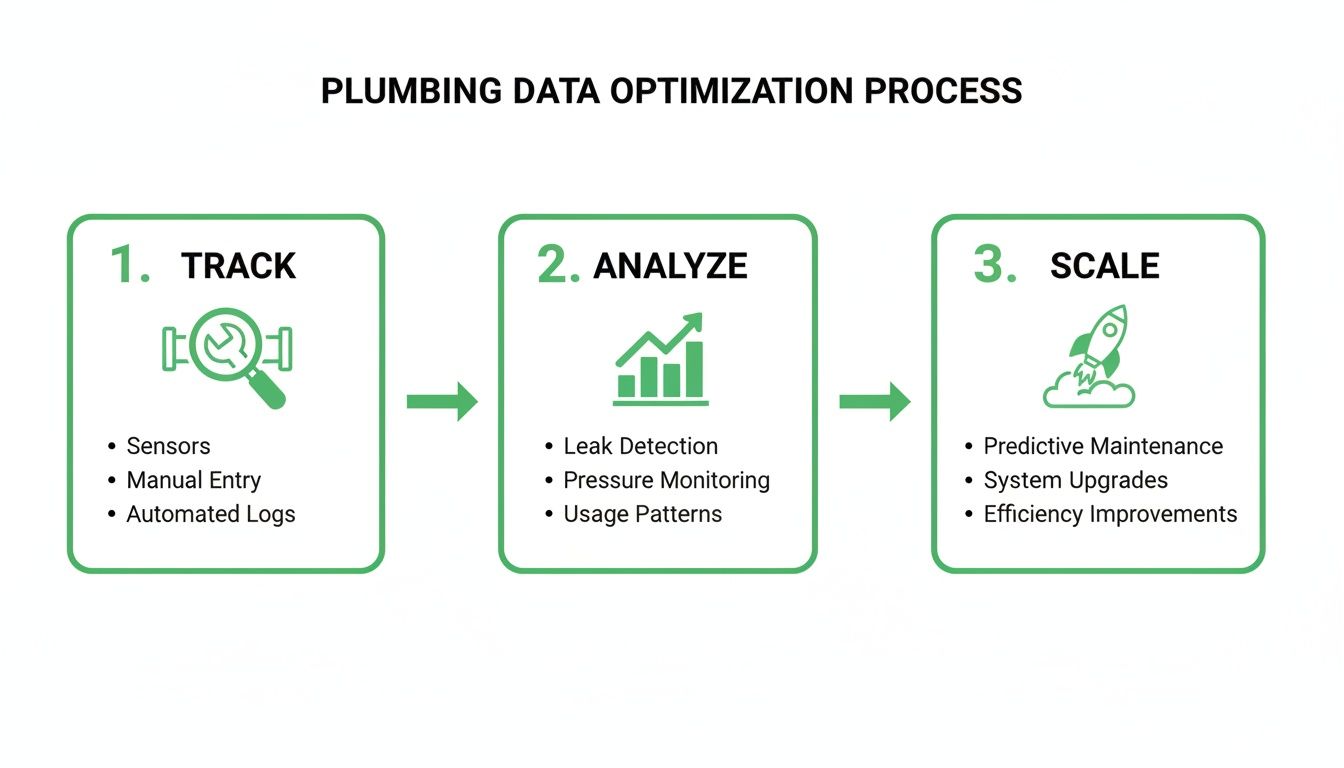 Processus d’optimisation des données de plomberie, décrivant les étapes pour suivre, analyser et développer des systèmes de plomberie.