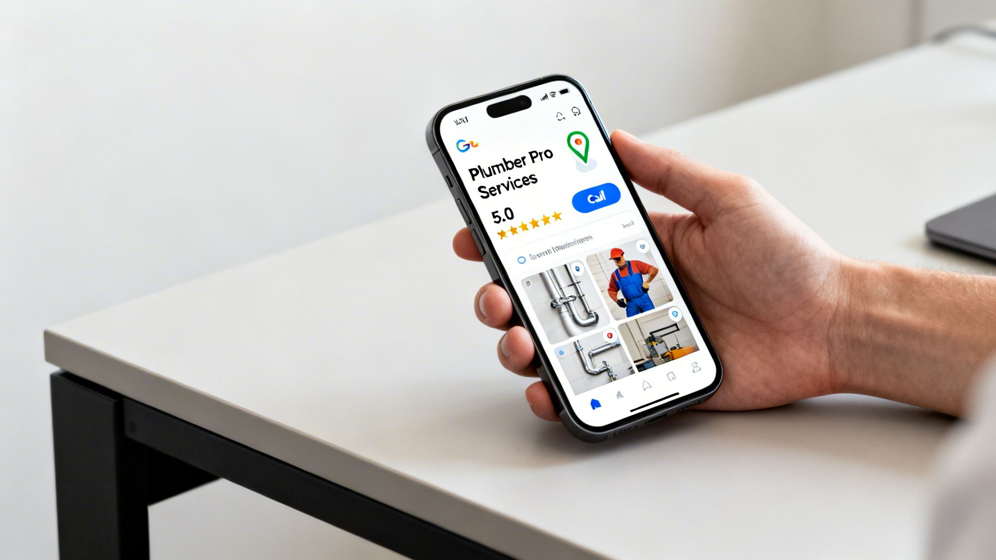 Une main tient un smartphone affichant le Google business profile d’un service de plomberie, évalué 5,0 étoiles, avec un bouton d’appel.