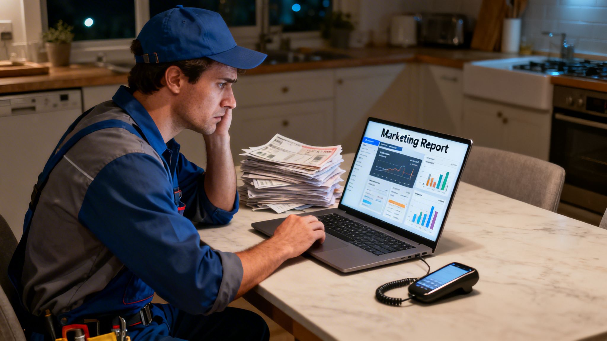 Un plombier en uniforme examine un rapport marketing sur son ordinateur portable tard dans la nuit, entouré d’une pile de documents.