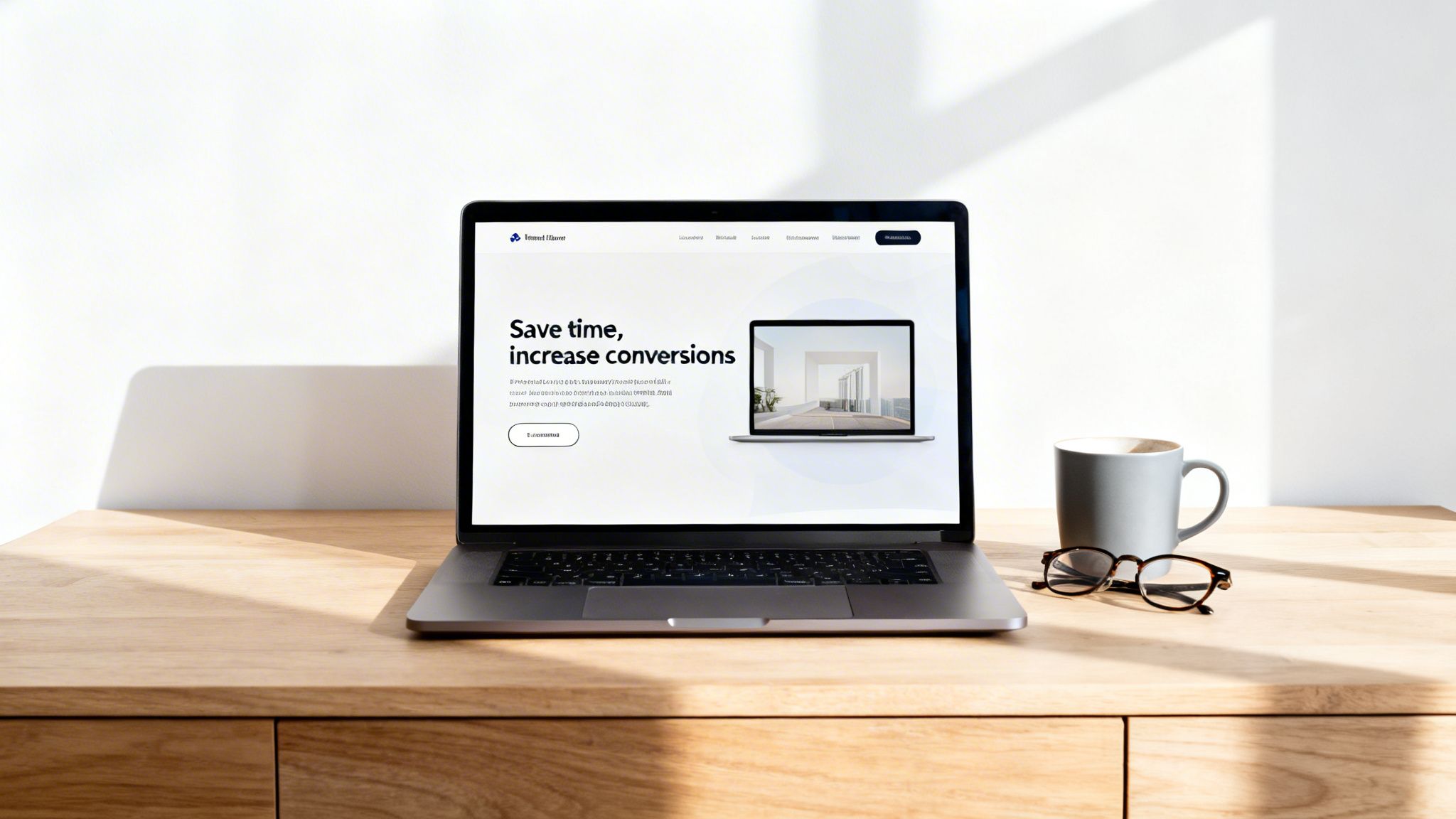 Ein Laptop zeigt eine Landing Page mit einer auf Conversion ausgerichteten Headline auf einem Holztisch mit einer Kaffeetasse und Gläsern.
