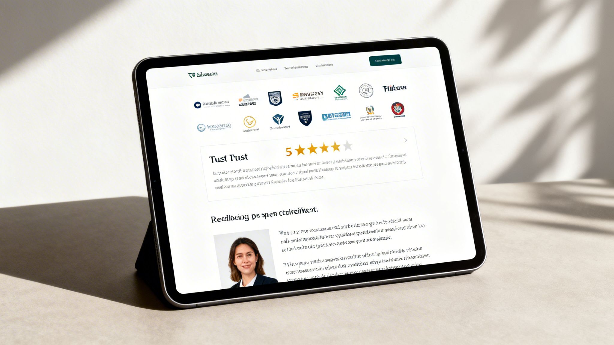 Ein Tablet zeigt eine Website mit Unternehmenslogos, einer 5-Sterne-Bewertung, Testimonials und einem Foto einer Frau.