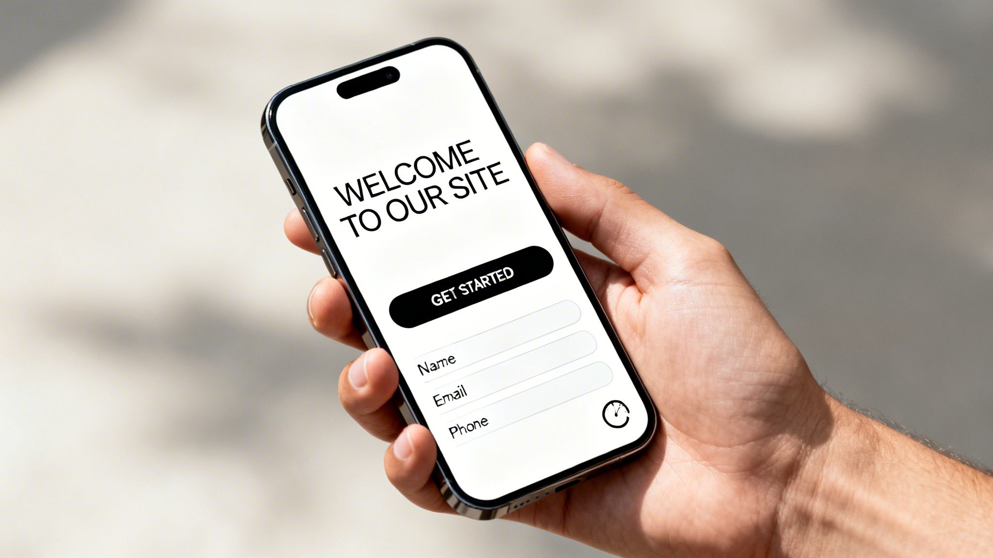 Eine Hand hält ein Smartphone mit einer Willkommens-Landing Page, die Felder für Name, E-Mail und Telefonnummer enthält.