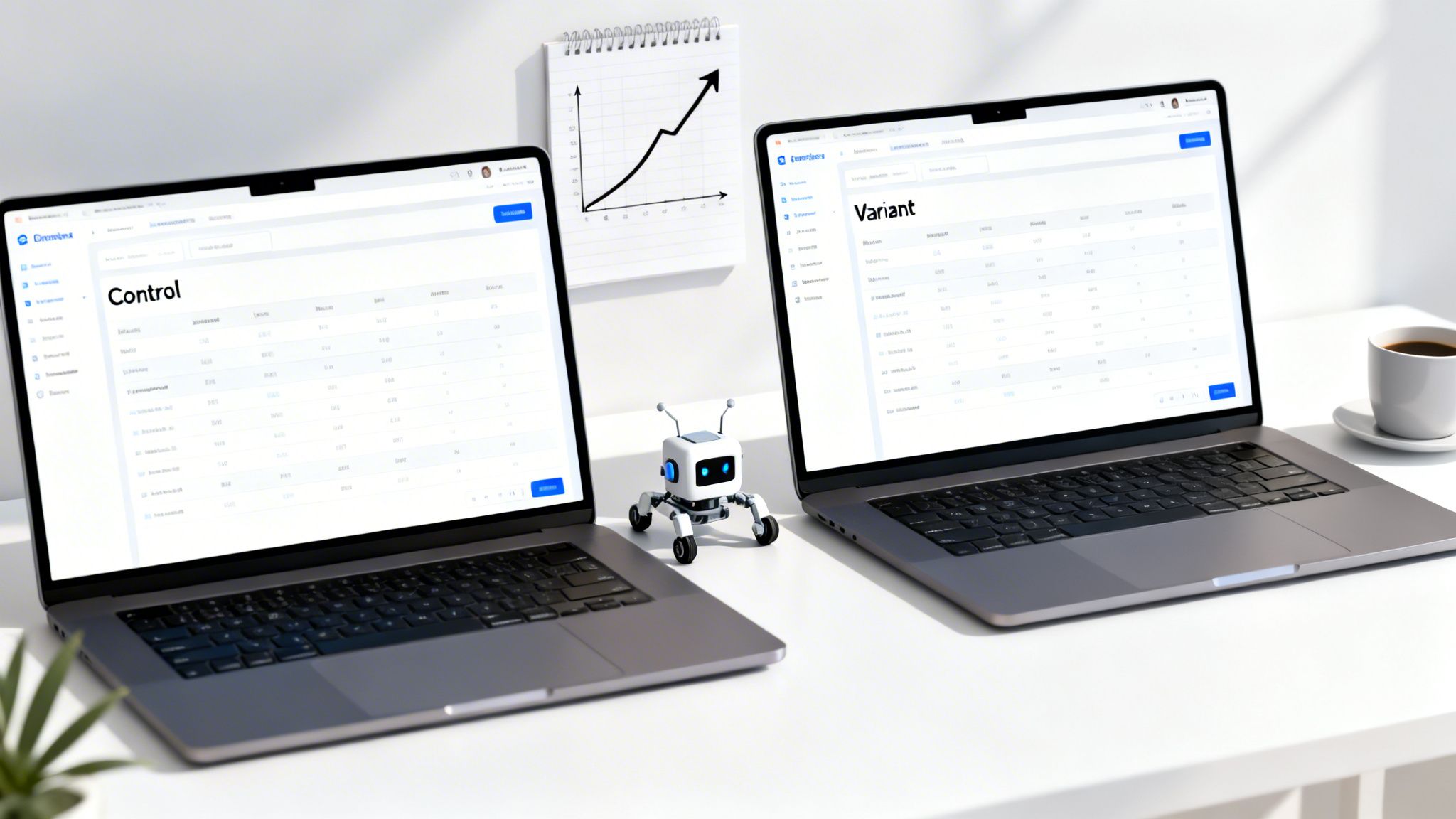 Dos portátiles muestran interfaces de testing A/B, un robot, café y una gráfica de crecimiento sobre un escritorio blanco.
