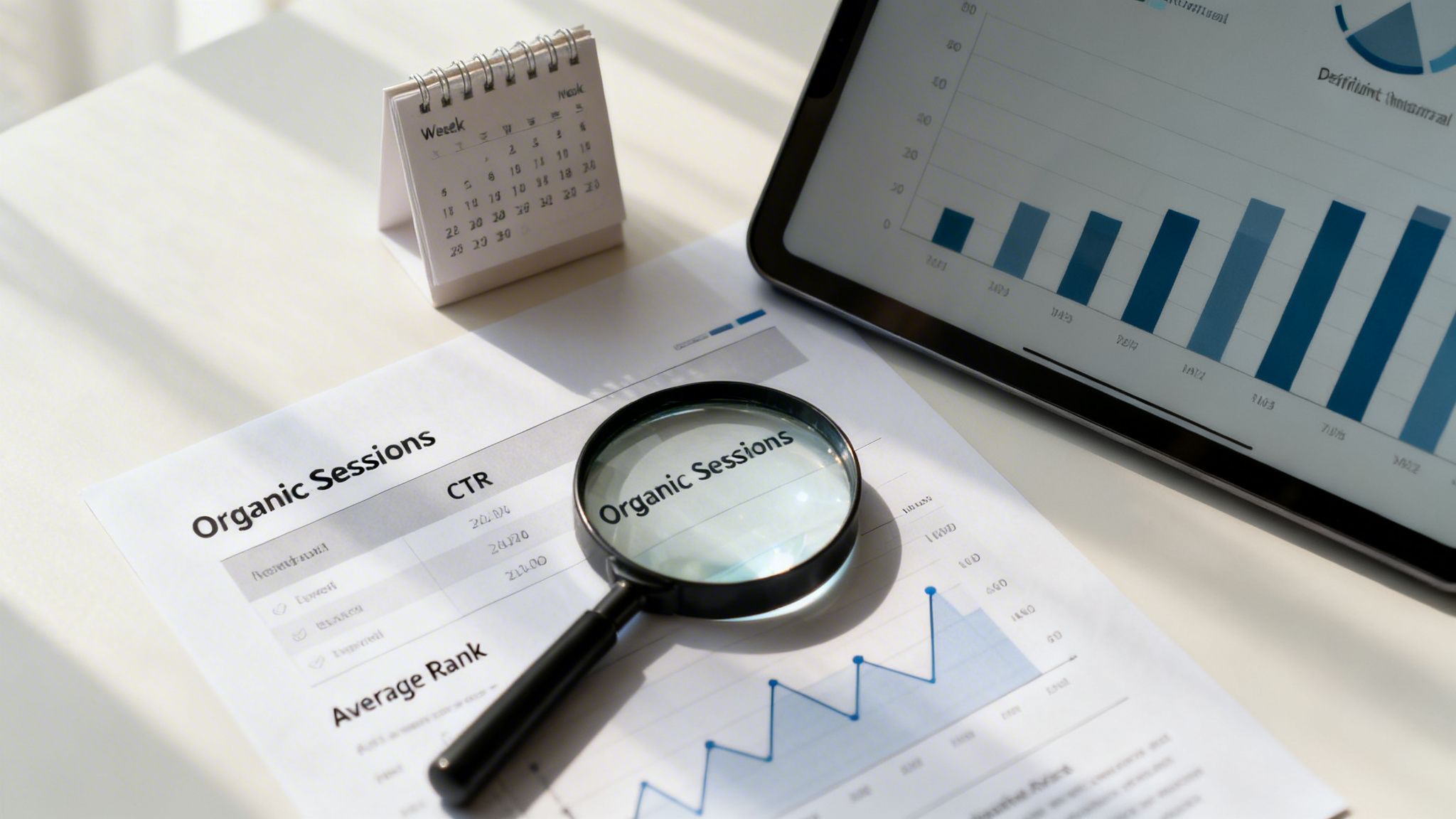 Configuración de escritorio con documentos que muestran datos de 'Organic Sessions', una lupa, un calendario y una tablet con gráficas, que representan el análisis SEO.