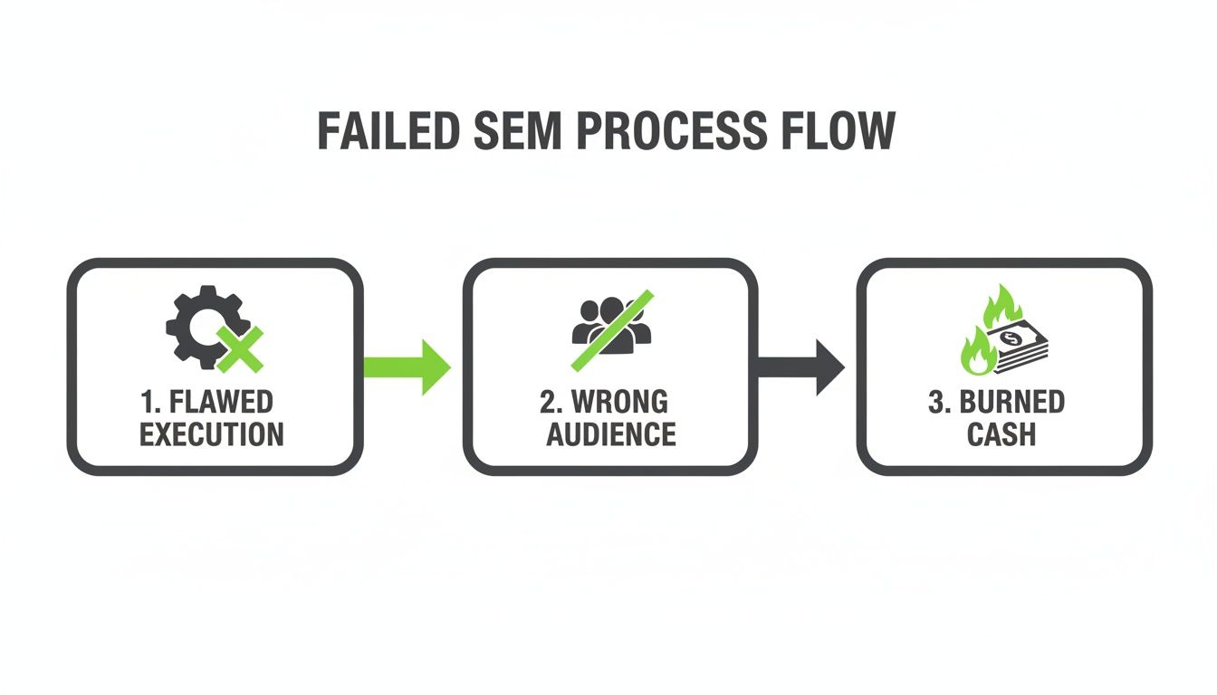 Organigramme illustrant un processus SEM échoué : une exécution défaillante entraîne une audience inadaptée et un argent brûlé.