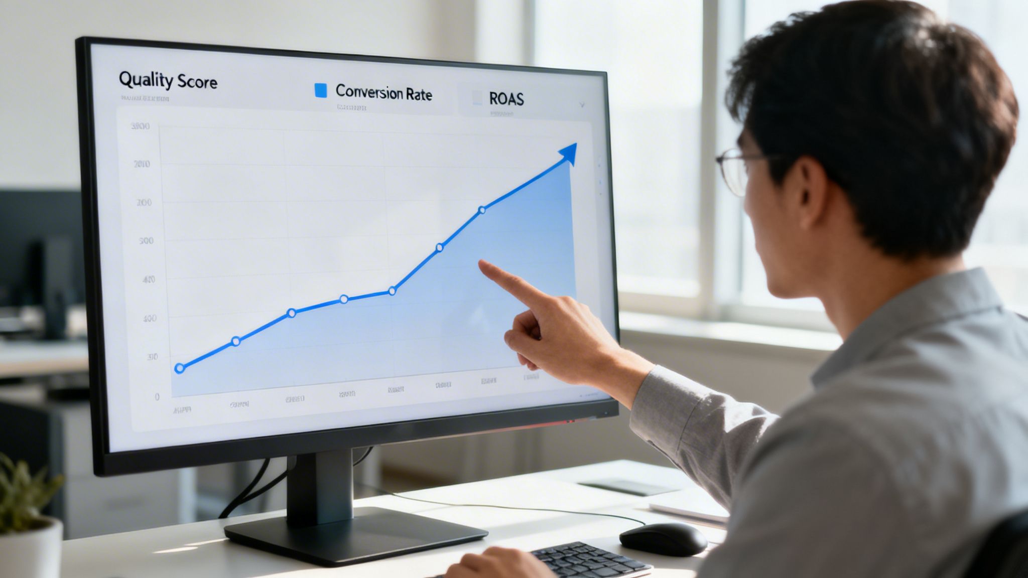 Un homme pointe vers un moniteur affichant un graphique de hausse du taux de conversion.