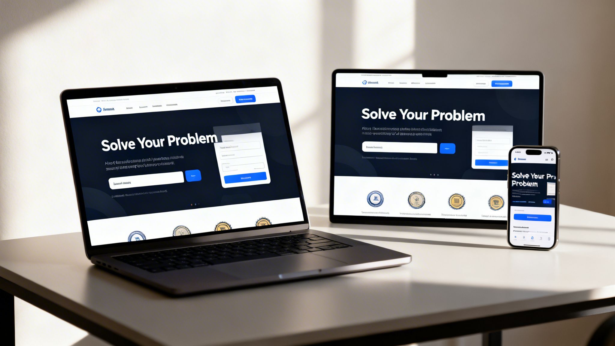 Ordinateur portable, tablette et smartphone modernes affichant une page « Résolvez votre problème » avec un design responsive.