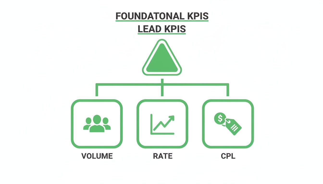 Schéma des KPI fondamentaux illustrant Lead KPIs segmentés par les métriques Volume, Rate et CPL, avec des icônes.