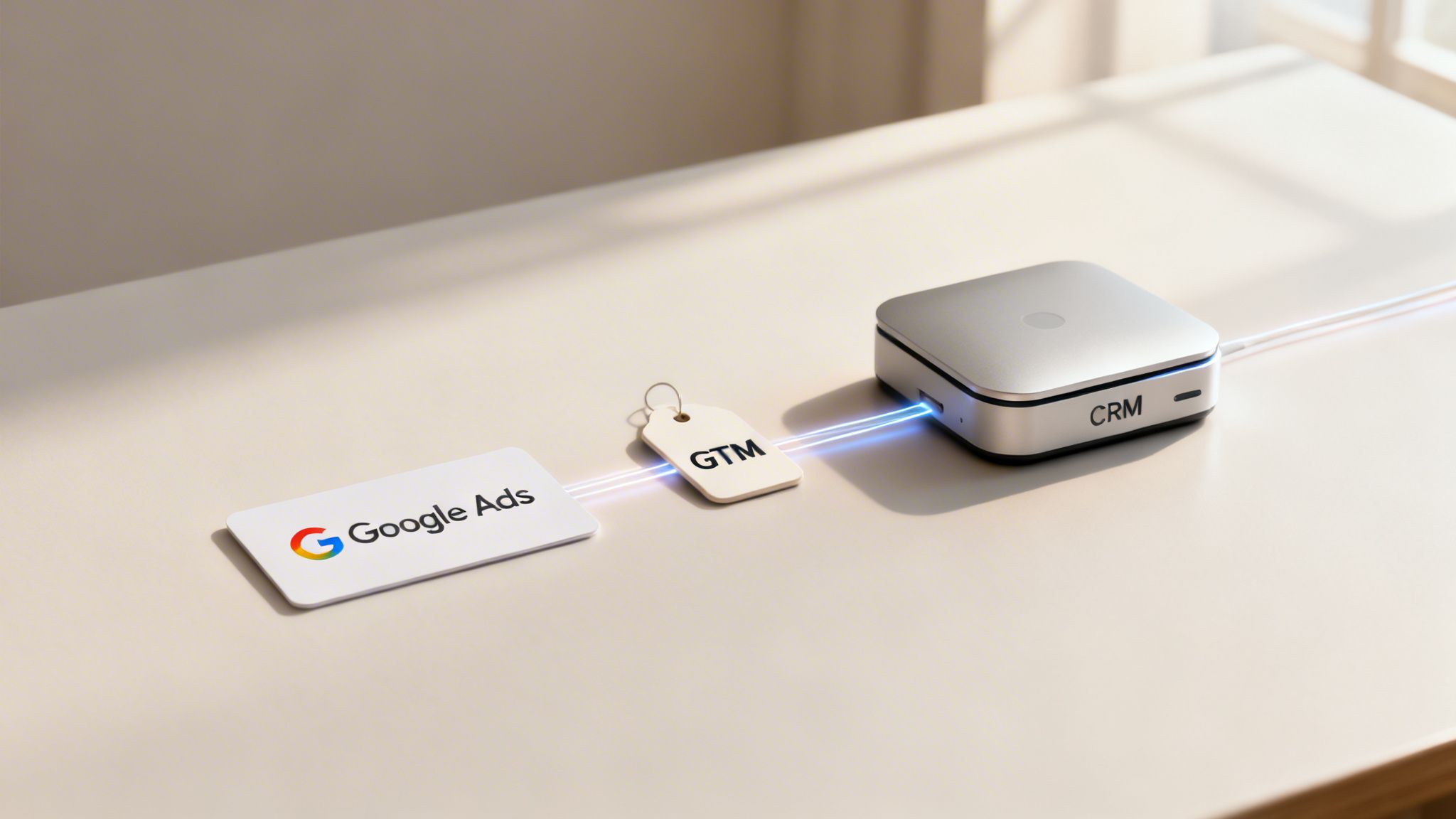 Visualiser le flux de données depuis Google Ads jusqu’à GTM puis un système CRM.