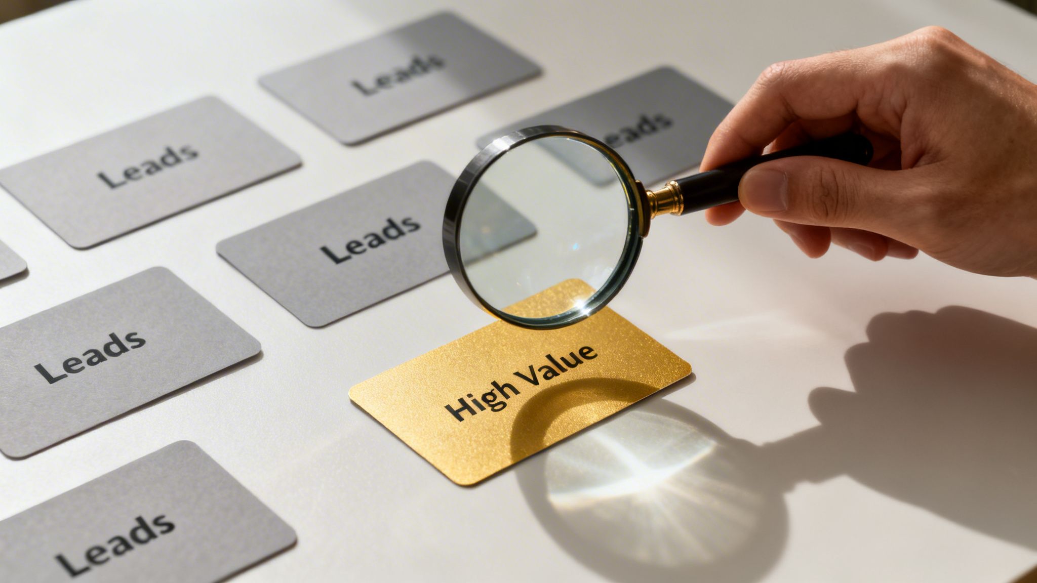 Une main tient une loupe au-dessus d’une carte dorée 'High Value', entourée de cartes grises 'Leads'.