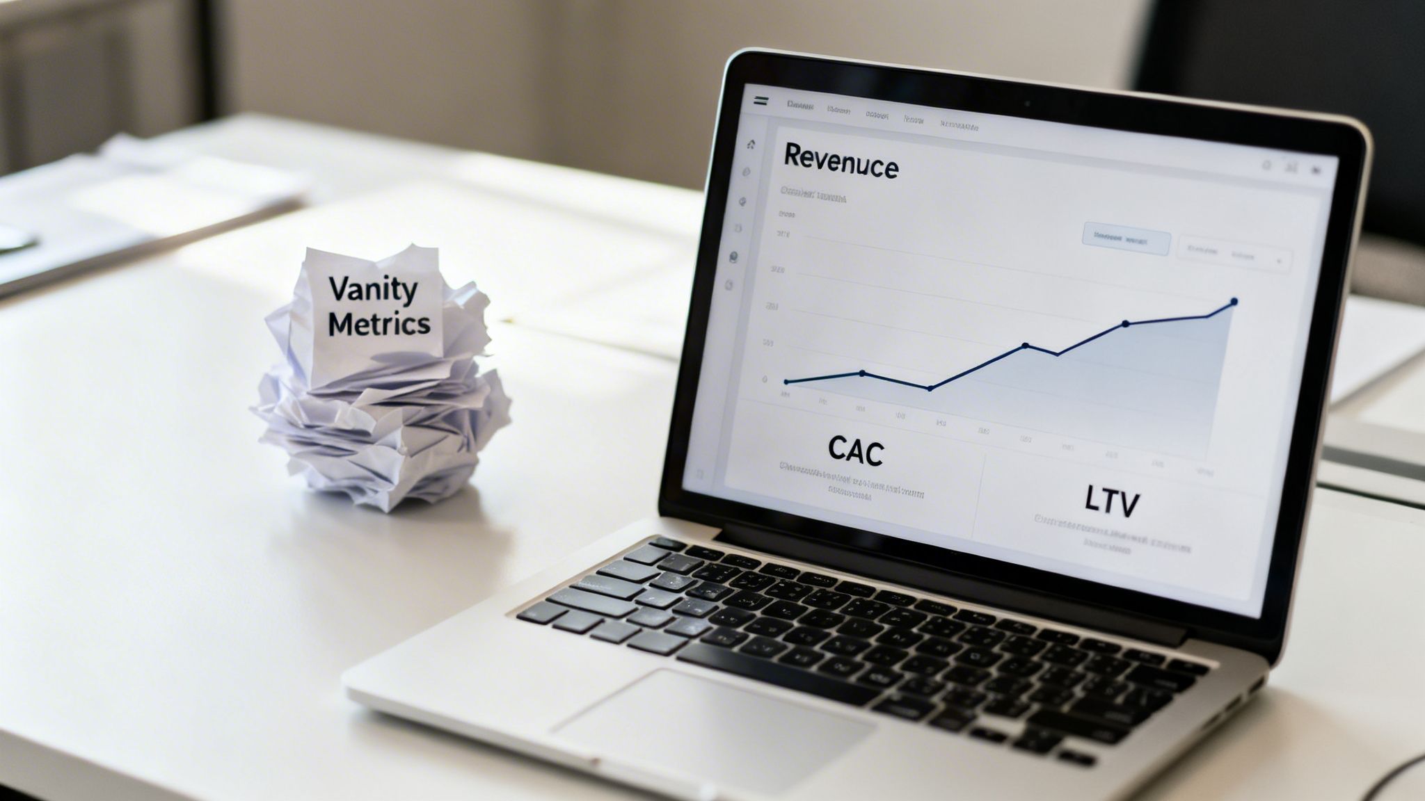 Un ordinateur portable affichant des graphiques de revenus et des indicateurs de performance clés à côté de papiers froissés intitulés 'Vanity Metrics'.
