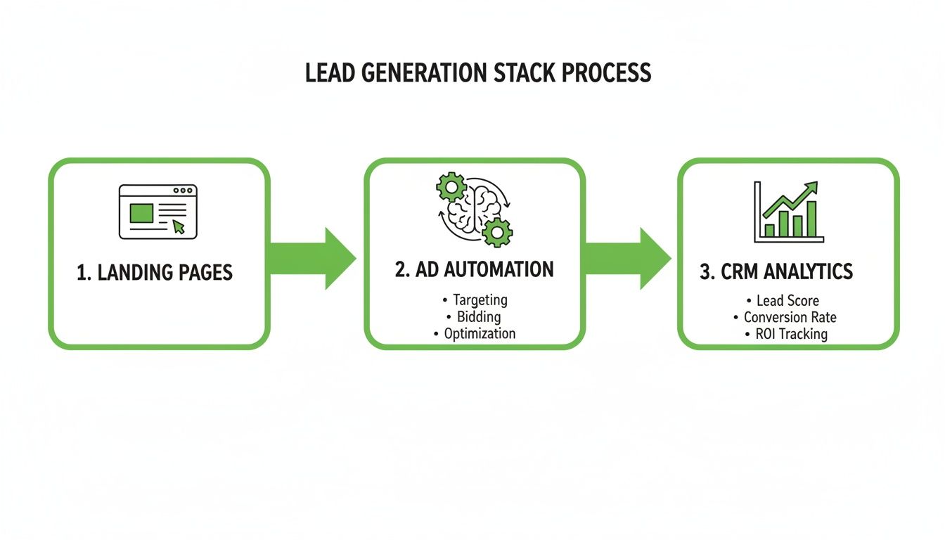 Un schéma illustrant le processus de la stack de génération de leads avec trois étapes : Landing Pages, Ad Automation et CRM Analytics.