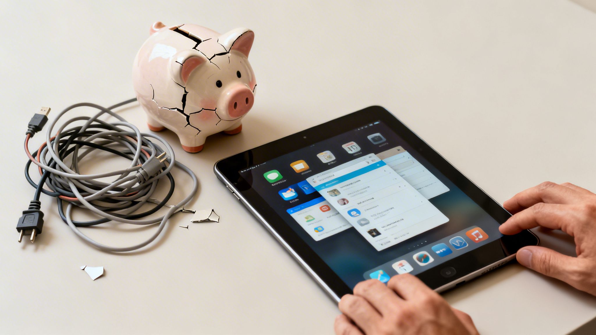 Une tirelire cassée, des câbles emmêlés et des mains interagissant avec une tablette sur un bureau.