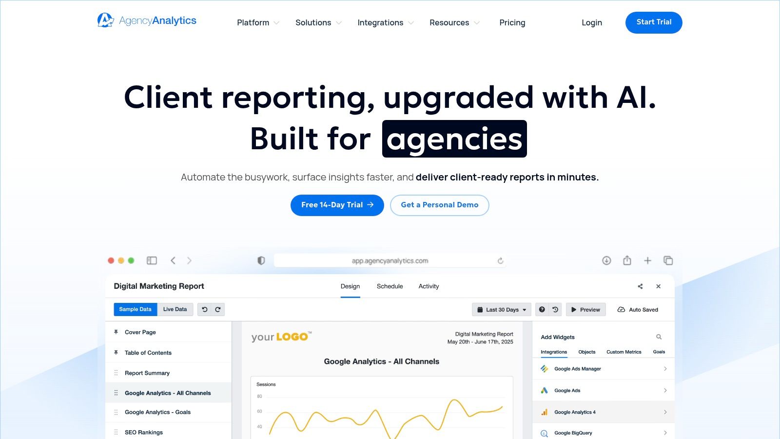 Un tableau de bord de reporting client depuis AgencyAnalytics montrant différents indicateurs de canaux marketing.
