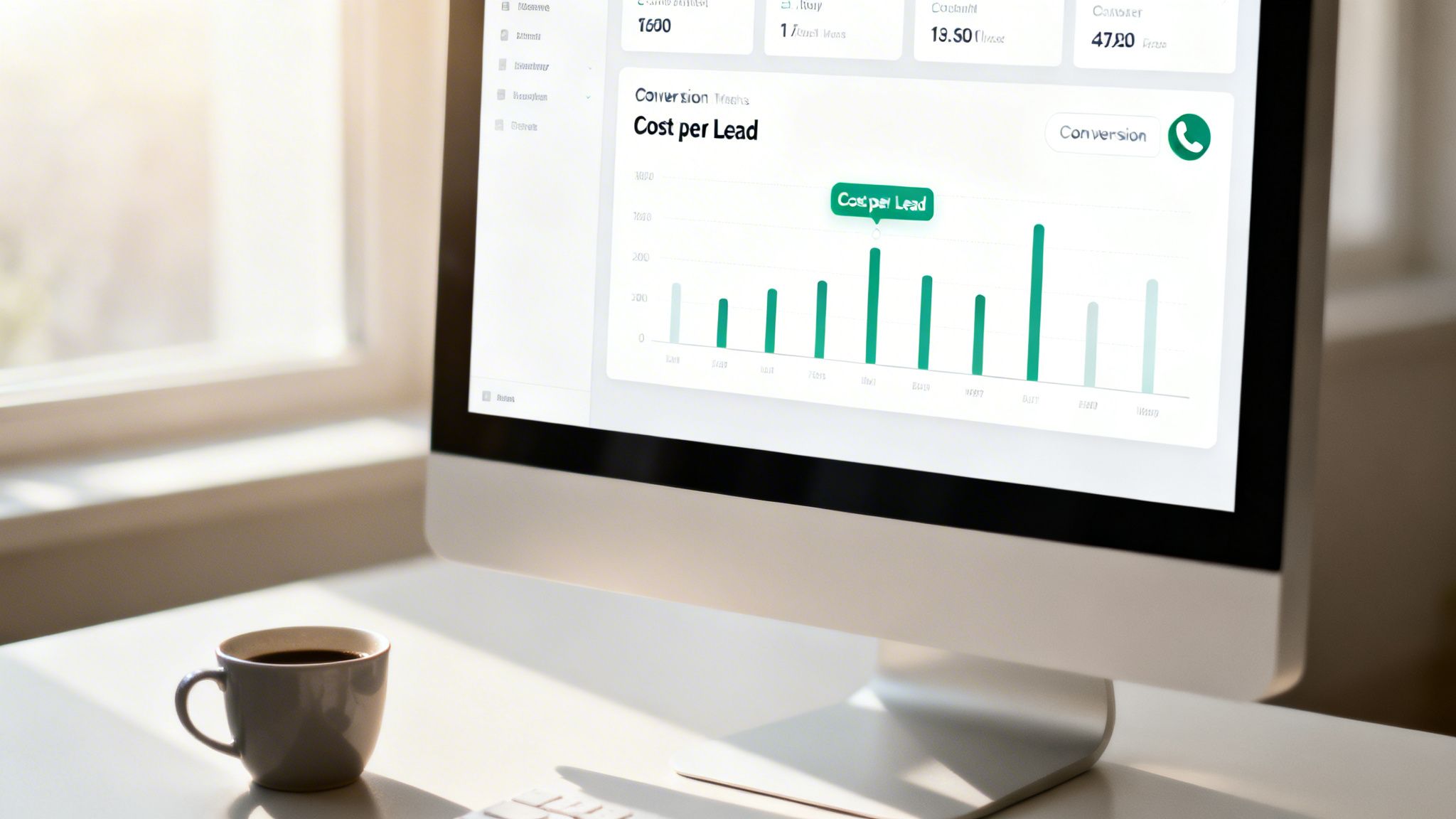 Ein Computer-Monitor zeigt ein Marketing-Dashboard mit einem Balkendiagramm 'Cost per Lead' und Daten neben einer Kaffeetasse.