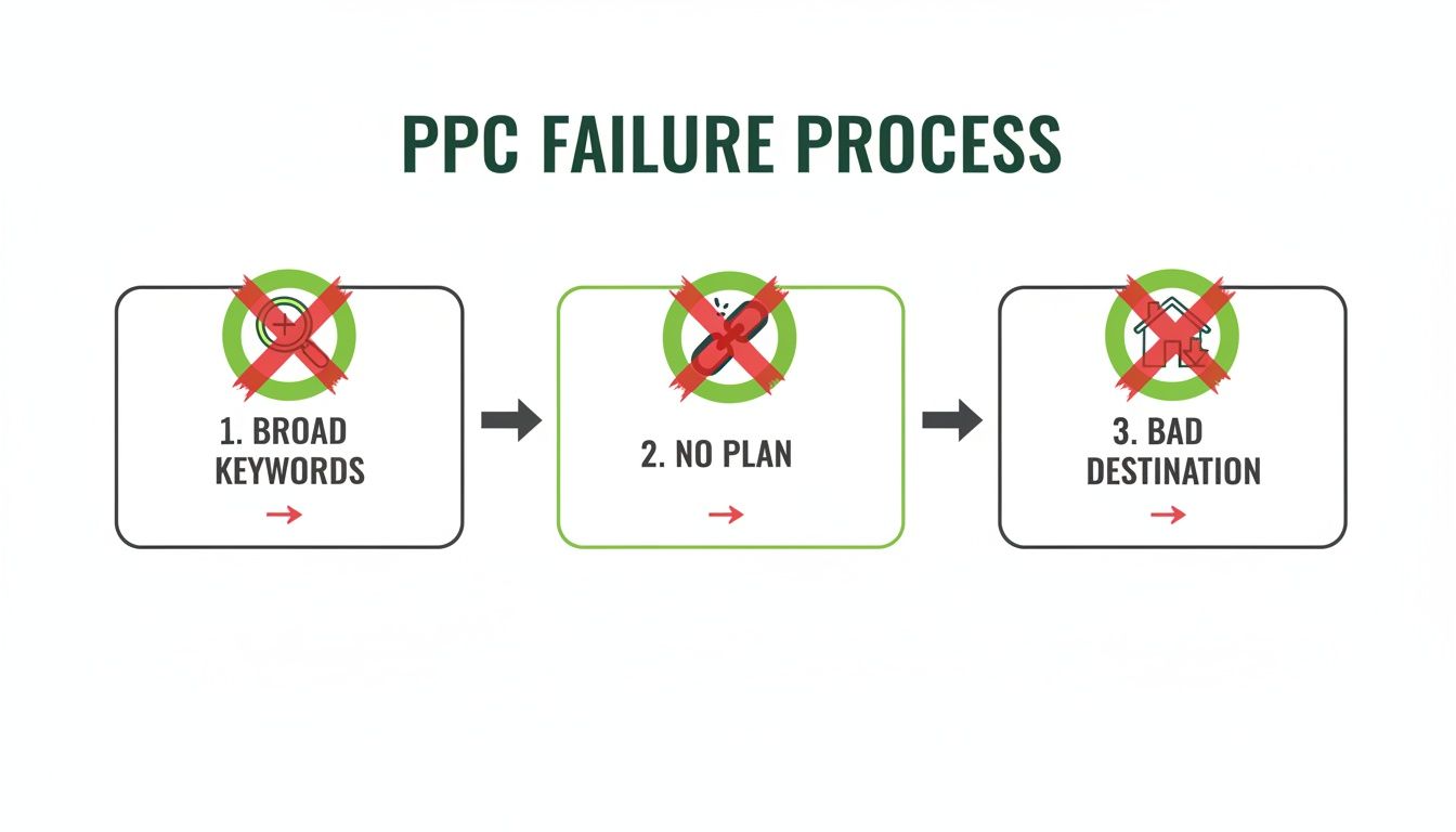 Infografik, die den PPC-Fehlerprozess mit Schritten zeigt: broad Keywords, kein Plan und schlechte Landing Page.