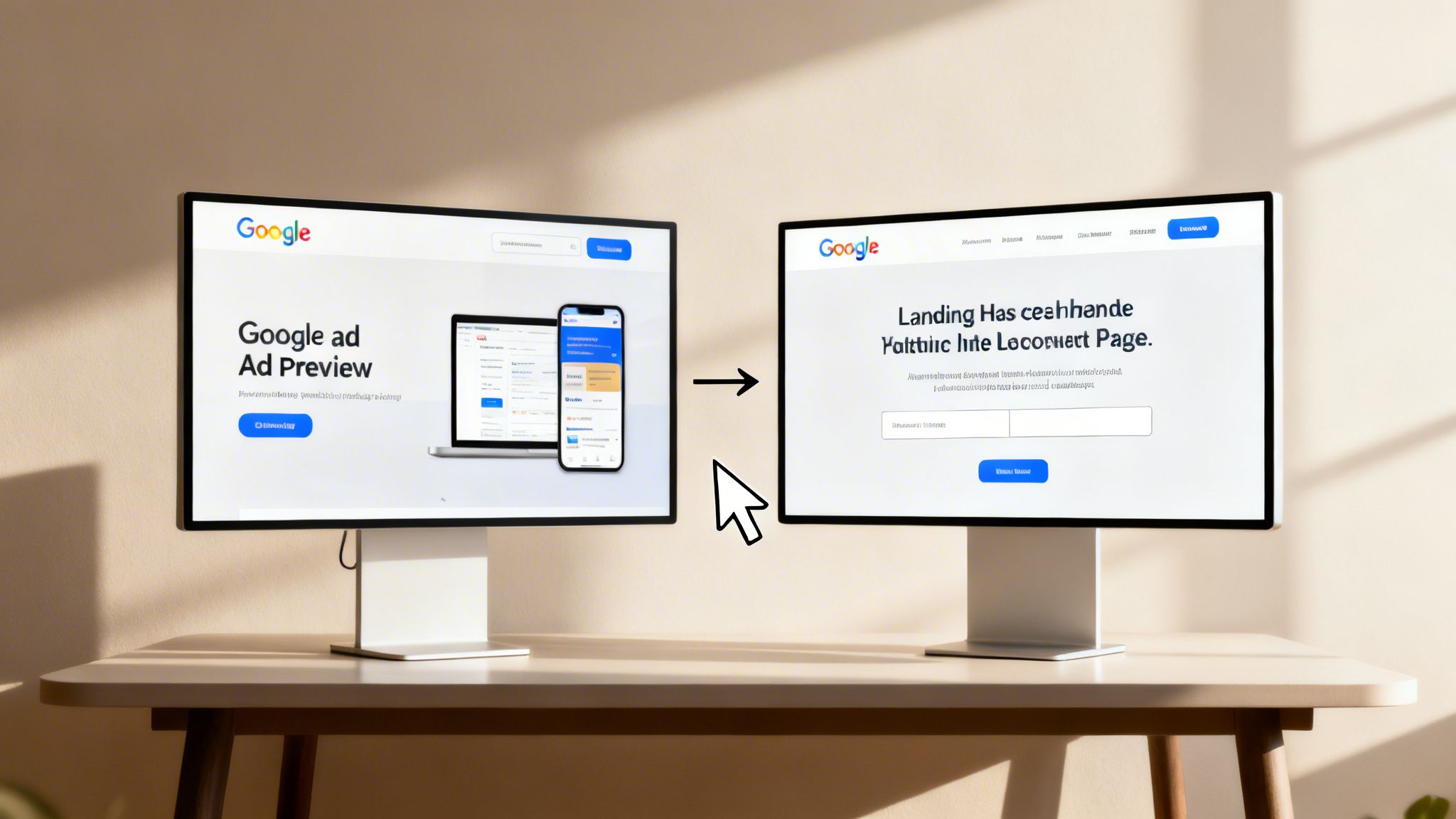 Zwei Computer-Monitore zeigen Google-Ad-Previews und ein Landing-Page-Design auf einem hellen Schreibtisch.