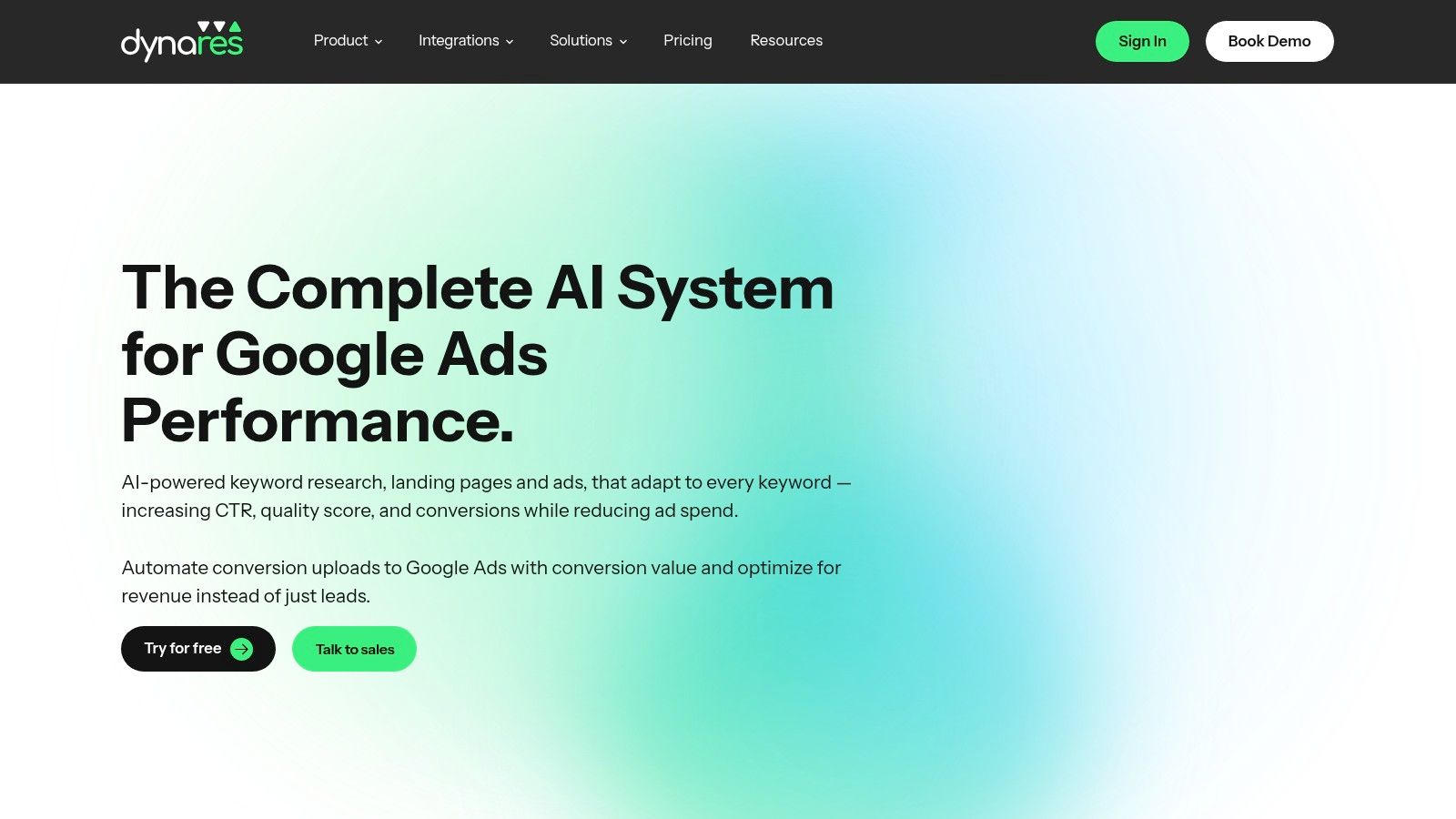 dynares Landing Page Builder Interface, das eine Vorschau einer generierten Landing Page für ein bestimmtes Keyword zeigt.