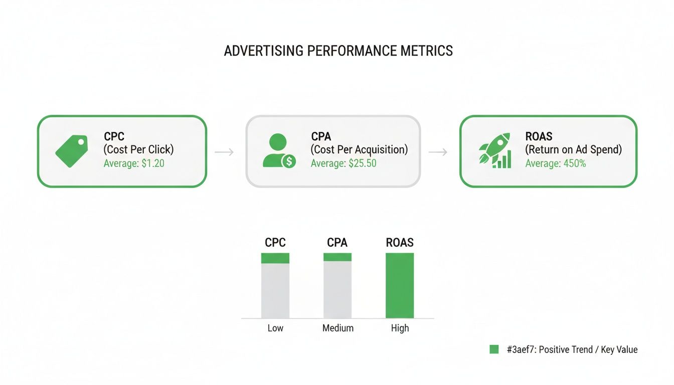Infografik zeigt Werbeleistungs-Kennzahlen mit niedrigem Cost Per Click und Cost Per Acquisition sowie hohem Return On Ad Spend.