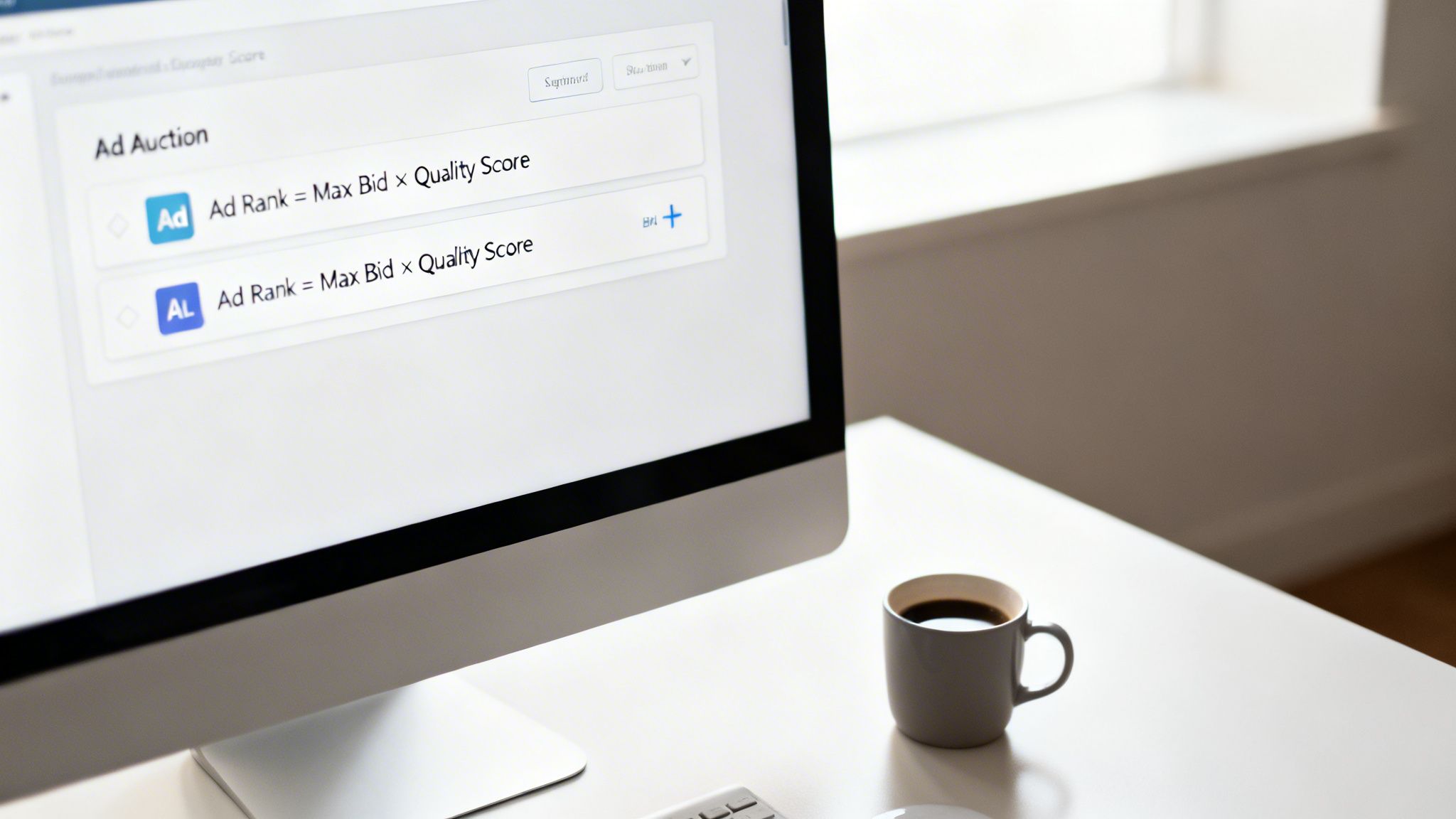 Ein Computermonitor zeigt Formeln für Werbeauktionen und Quality Scores; daneben steht eine Kaffeetasse.