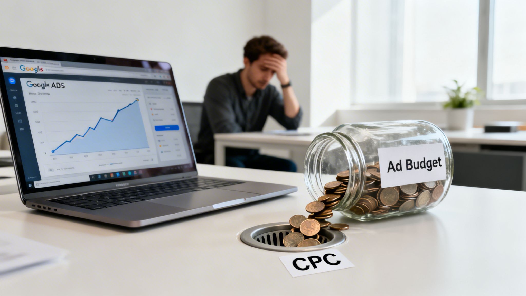 Grafik zu Google Ads auf einem Laptop: 'Ad Budget' fließt in eine 'CPC'-Senkgrube, daneben eine gestresste Person.