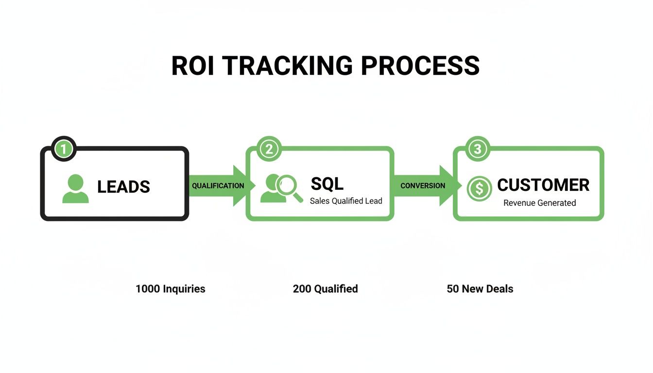 Organigramme du processus de suivi du ROAS illustrant les leads, les SQL et les étapes de conversion client.