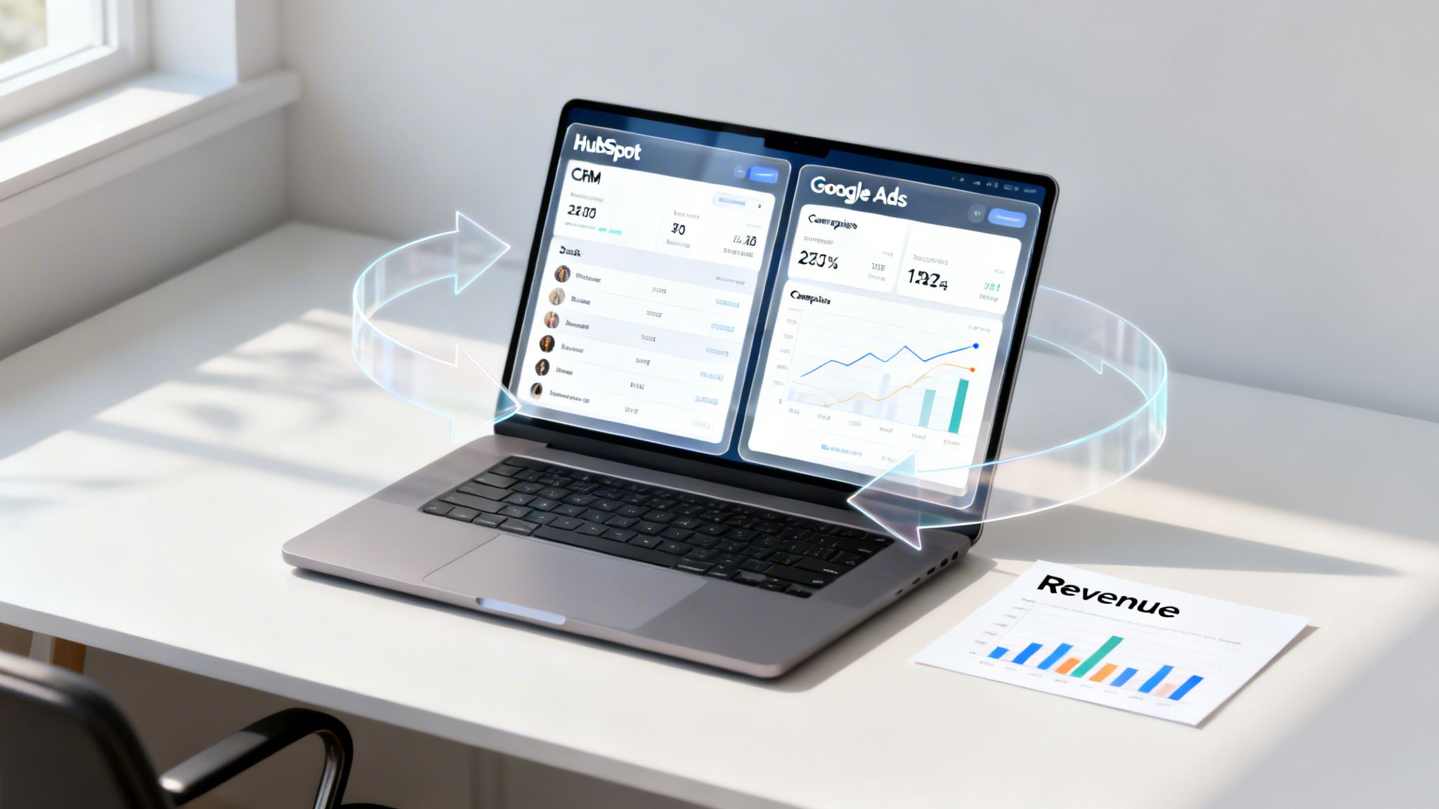 Schéma de suivi du ROAS montrant des leads, des SQL et des étapes de conversion client.