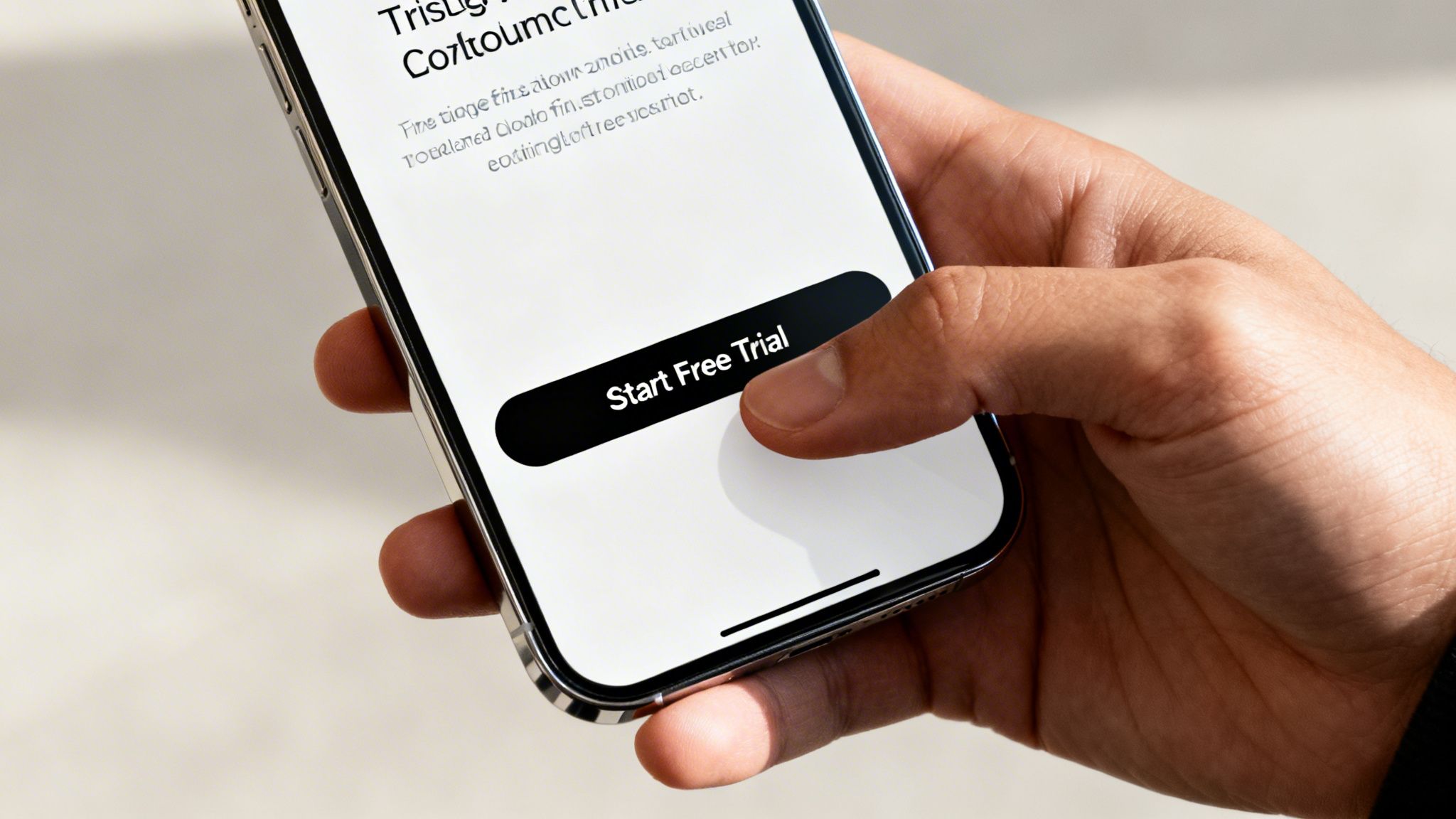 Eine Person hält ein Smartphone mit einem 'Start Free Trial'-Button, bereit zum Antippen.