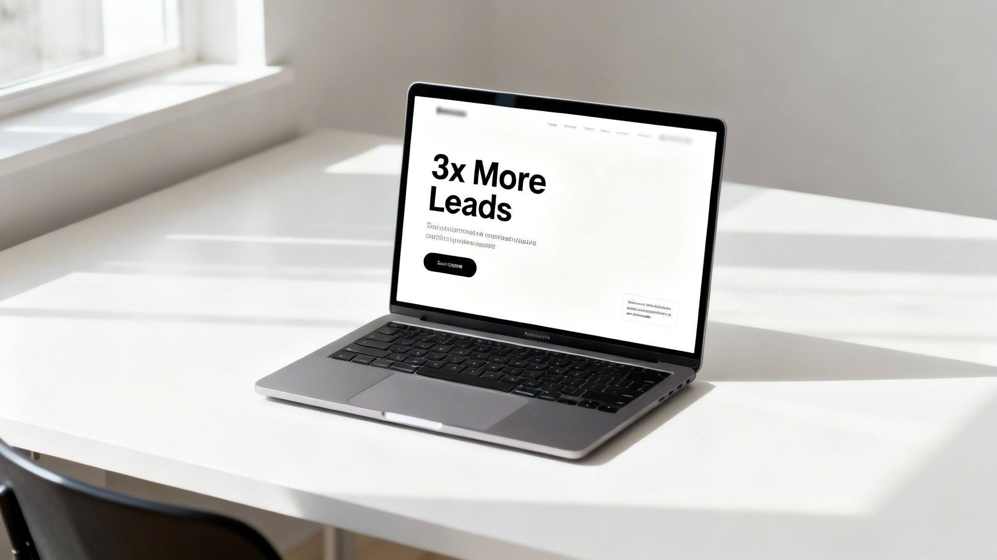Ein modernes silbernes Laptop auf einem sauberen weißen Schreibtisch, das eine Website mit der Textzeile '3x More Leads' zeigt.