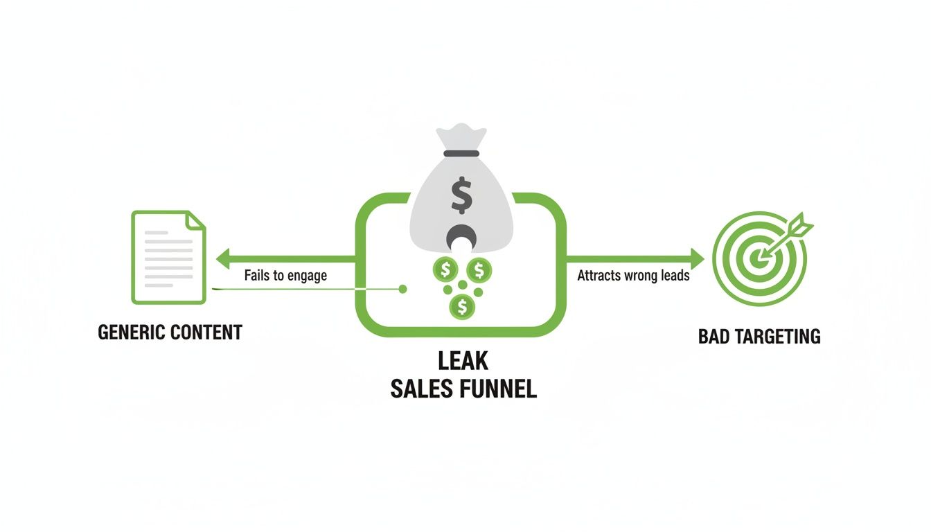 Schéma illustrant un sales funnel qui fuit, montrant comment le contenu générique et un mauvais ciblage entraînent une perte de revenus.