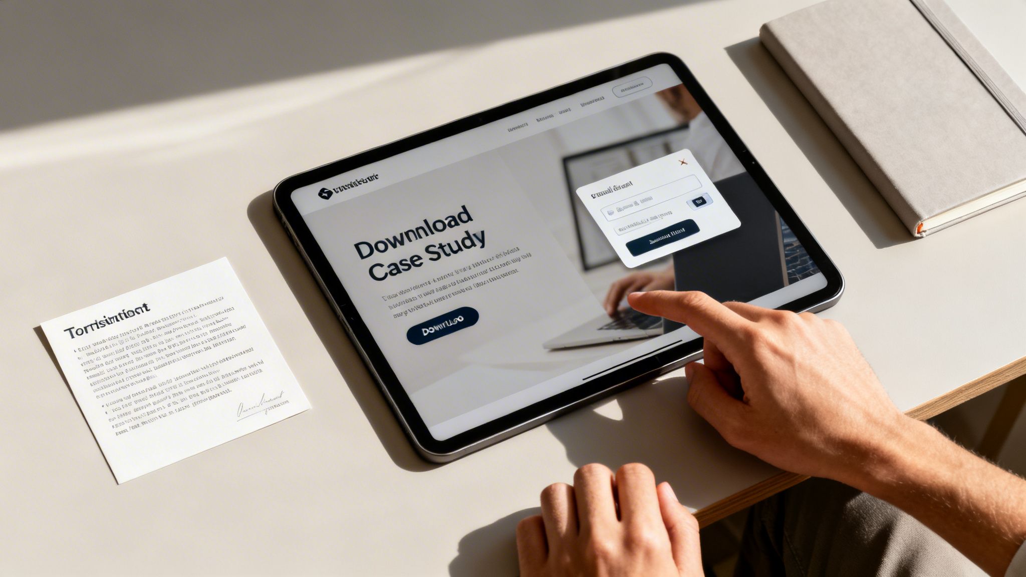 La main d’une personne interagissant avec une tablette affichant une page « Télécharger l’étude de cas » et un formulaire de connexion.