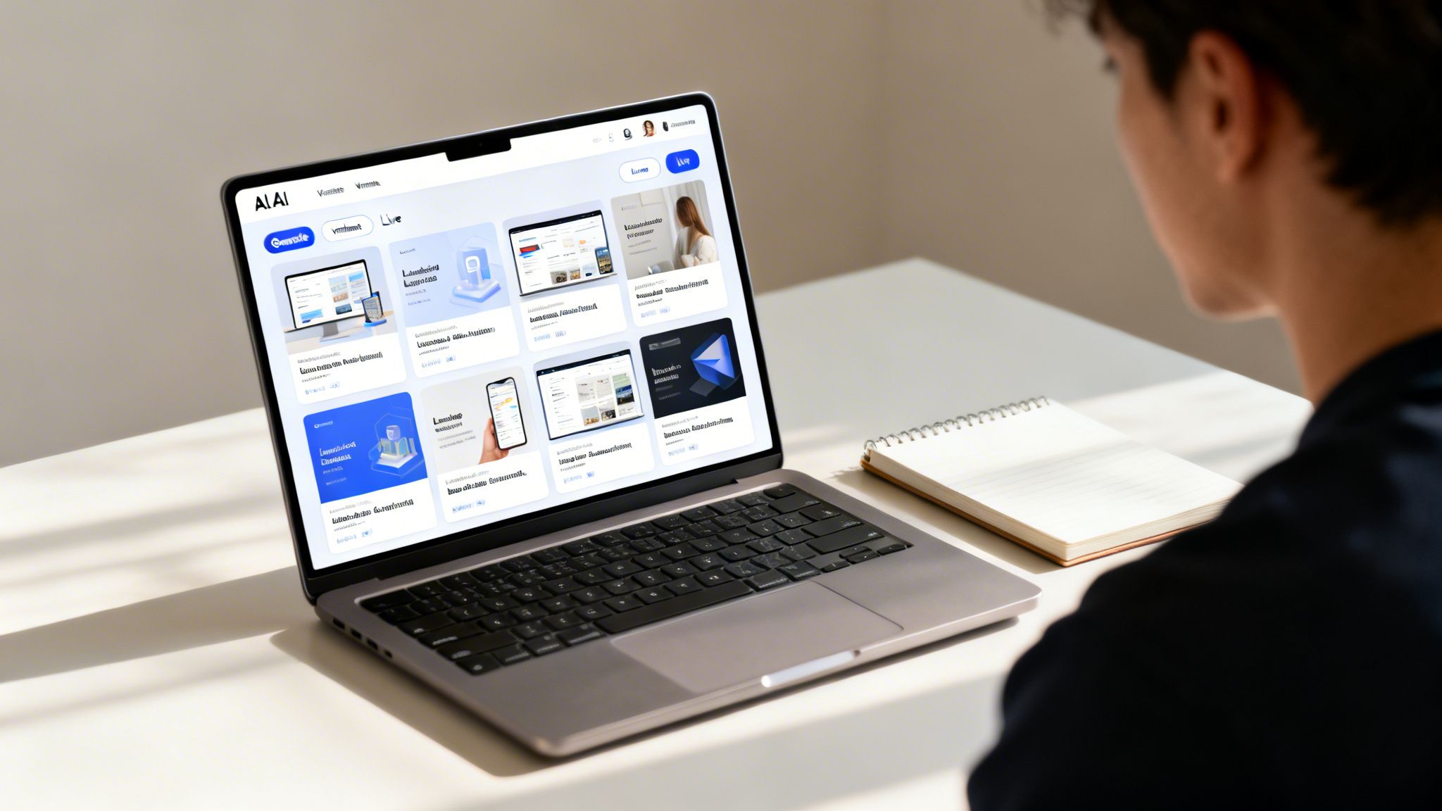 Une personne consulte une plateforme de création de contenu sur un ordinateur portable, avec différents modèles et un carnet.