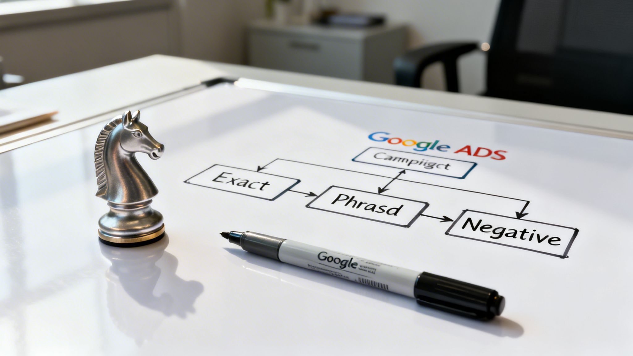 Un cavalier d'échecs sur un tableau avec un schéma des types de correspondance des mots-clés Google Ads (exact, phrase, negative).