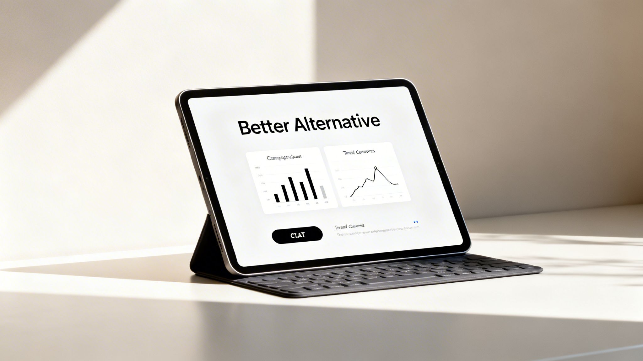 Une tablette avec un clavier noir affiche un tableau de bord « Better Alternative » avec des graphes sur une table.