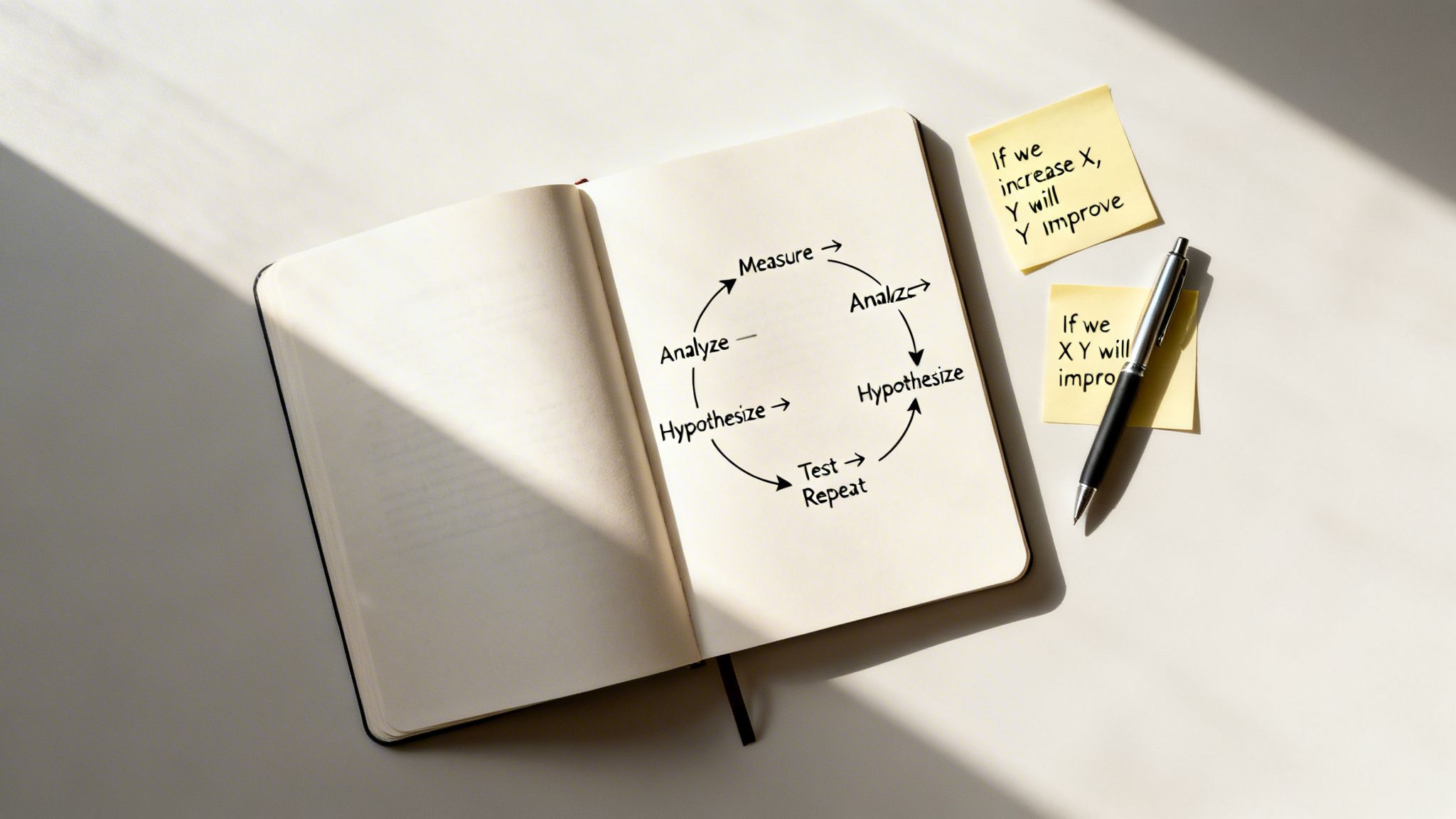Un carnet ouvert affiche un schéma de cycle d’amélioration, avec des post-it sur les tests d’hypothèses.