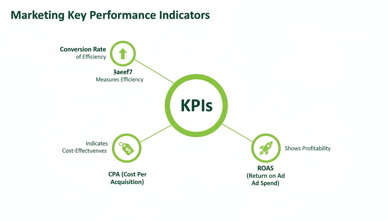 Schéma présentant les Marketing Key Performance Indicators (KPIs), incluant le taux de conversion, le CPA et le ROAS.