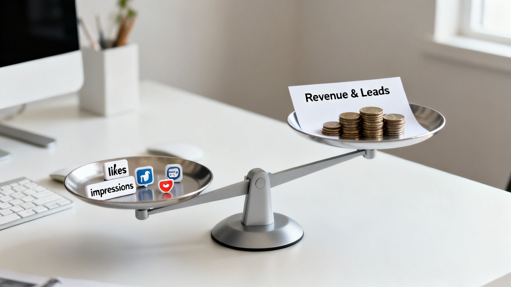 Une balance montrant que le chiffre d’affaires et les leads surpassent les likes et impressions sur les réseaux sociaux, symbolisant le ROI marketing.