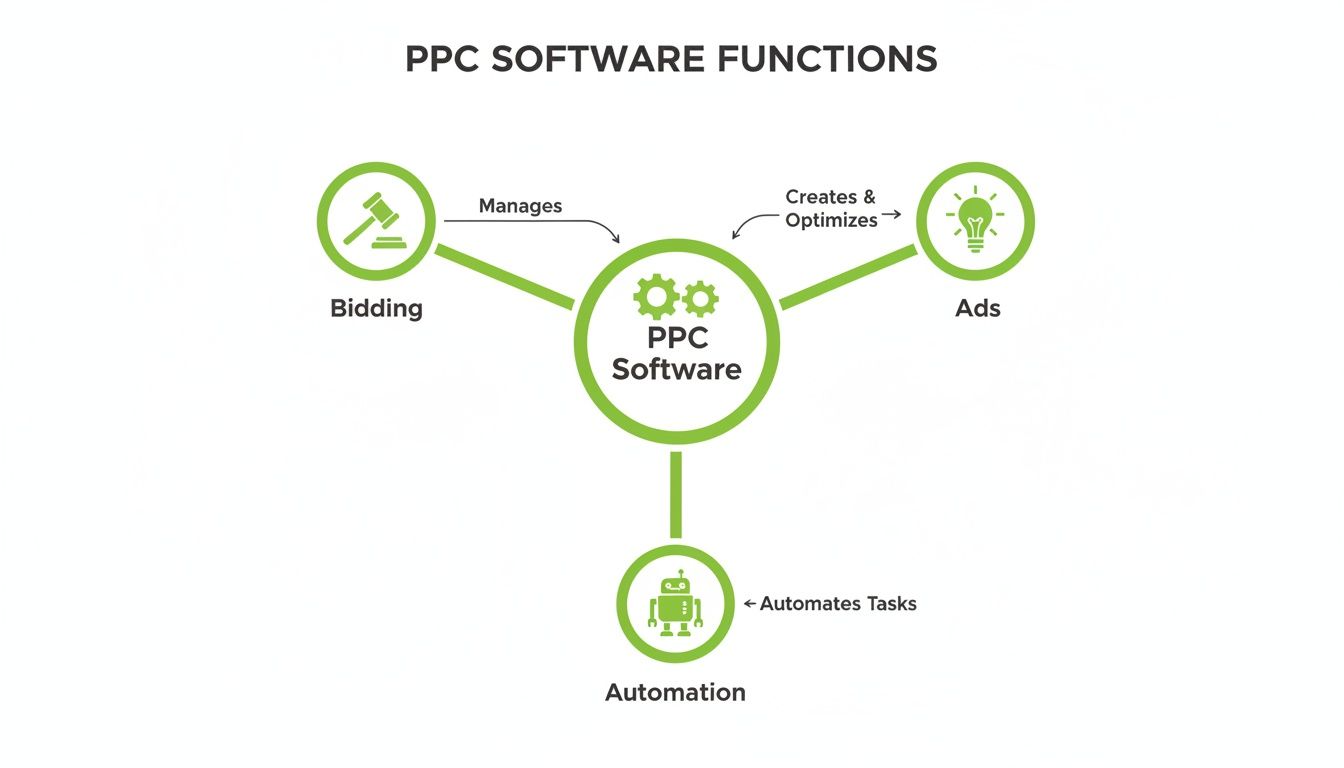 Diagramă care ilustrează funcțiile PPC software: gestionarea bidding-ului, crearea și optimizarea anunțurilor și automatizarea sarcinilor.