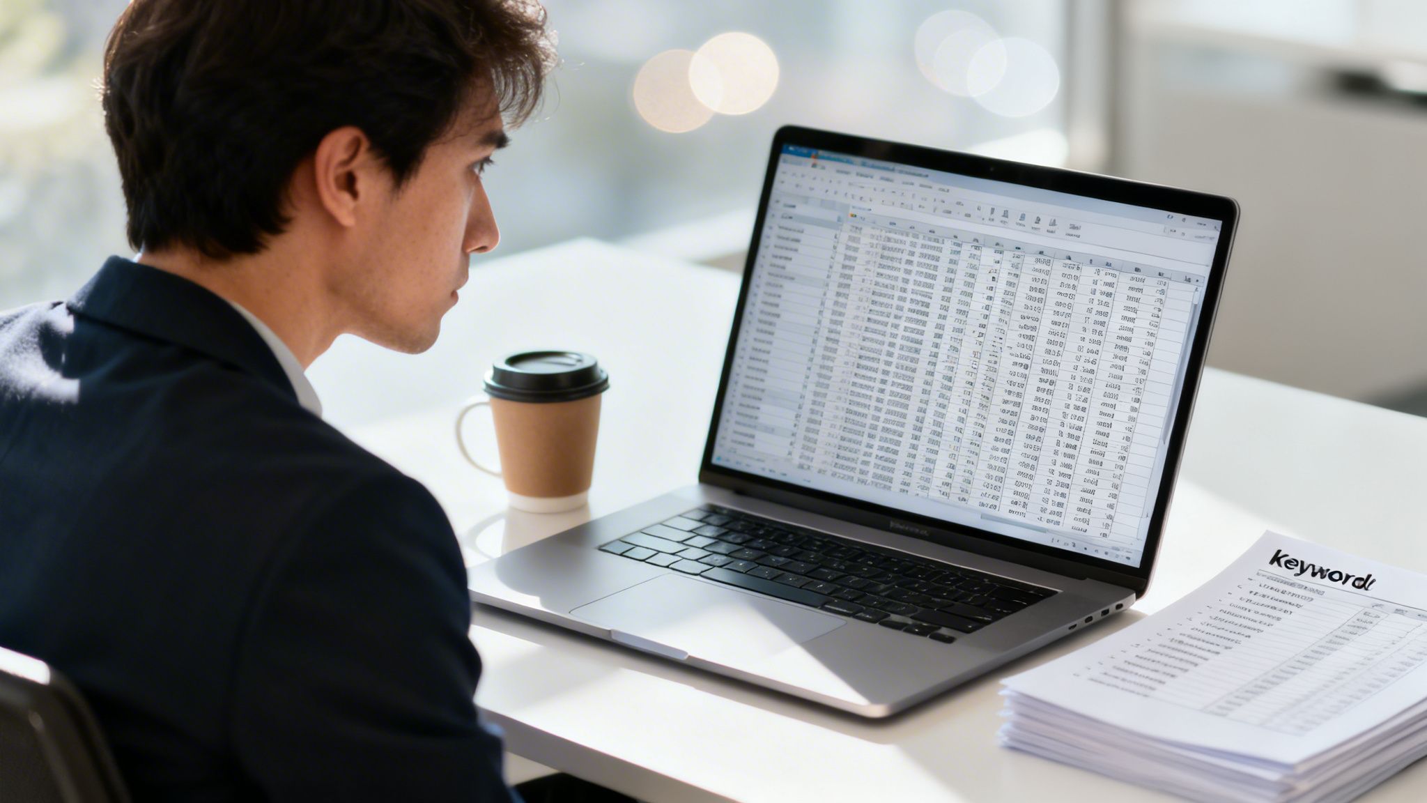 Tânăr analizează intens date pe un laptop cu o foaie tip spreadsheet, cafea și hârtii.