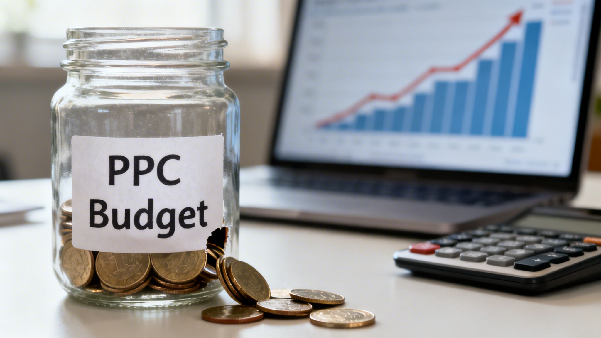 Un borcan de sticlă etichetat 'PPC Budget' plin cu monede, lângă un laptop care afișează o linie de grafic în creștere și un calculator.