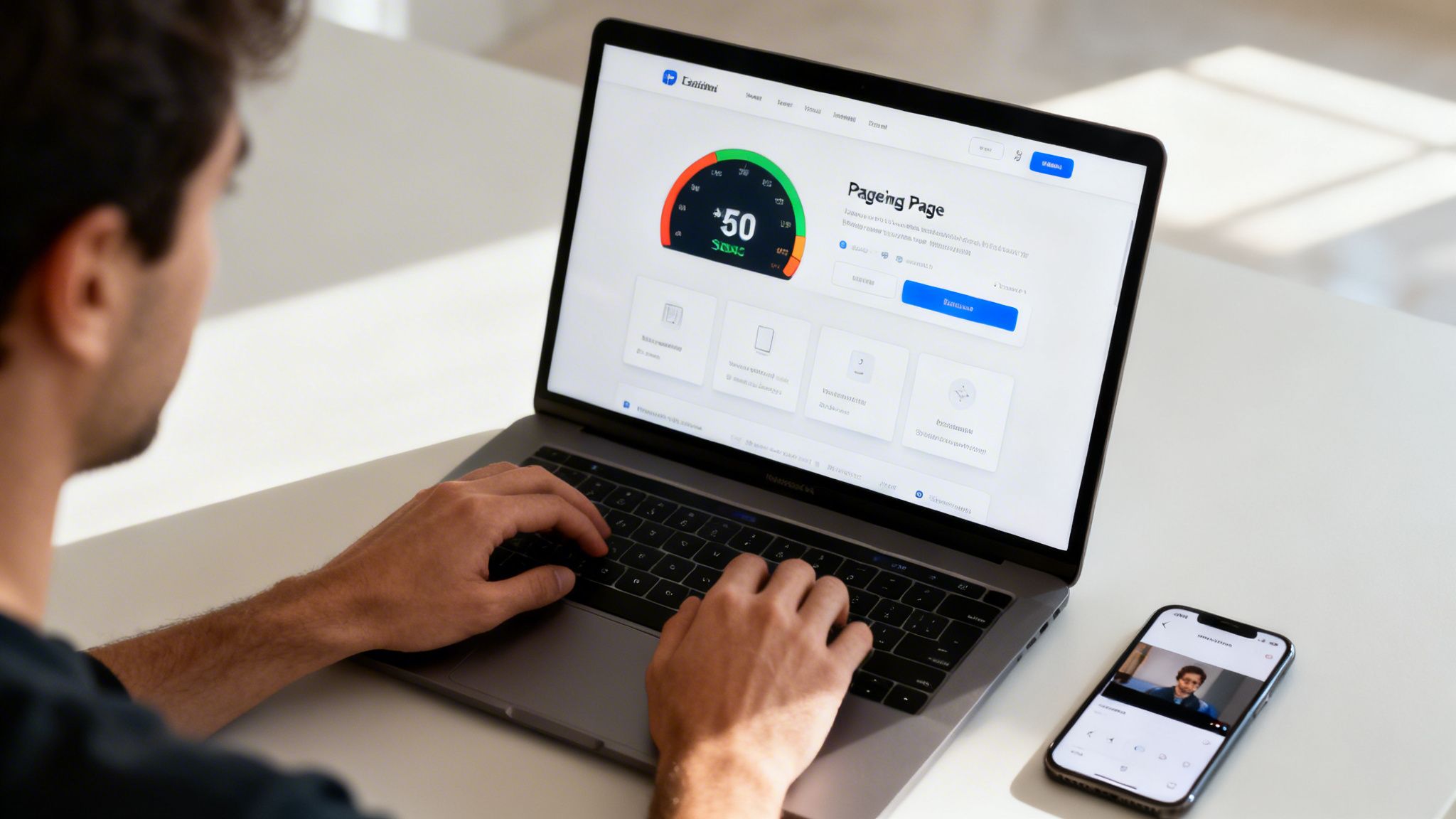 Une personne tape sur un ordinateur portable MacBook affichant un tableau de bord, pendant qu’un smartphone diffuse une vidéo.